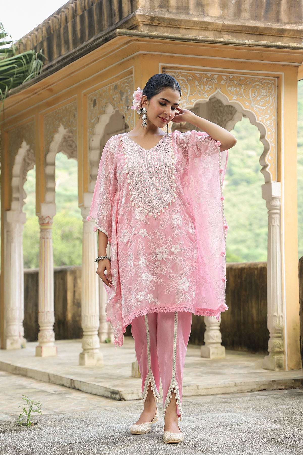 Pink Organza Embroidered Kaftan Set With Potli Bag