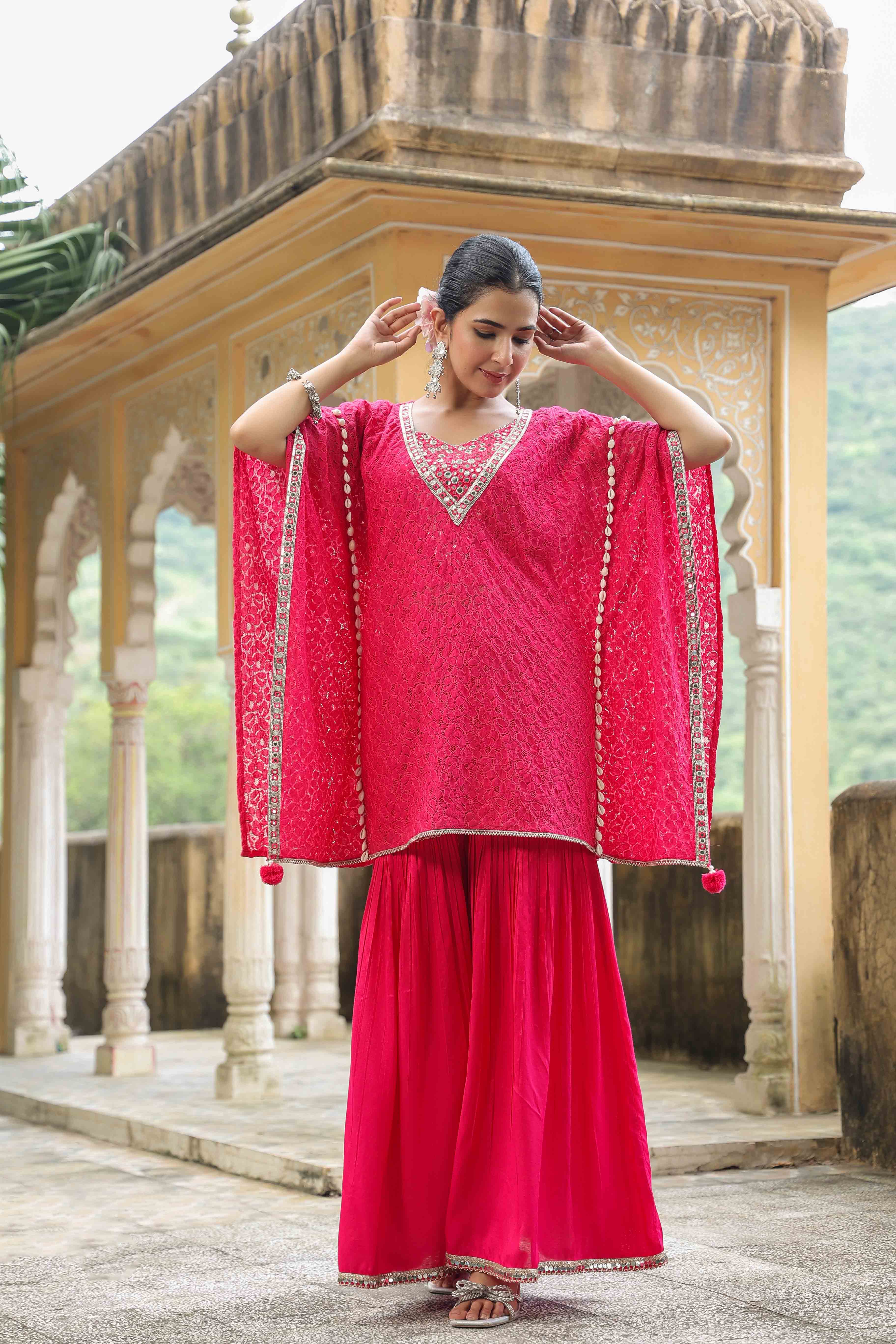 Pink Schiffli Net Kaftan Set