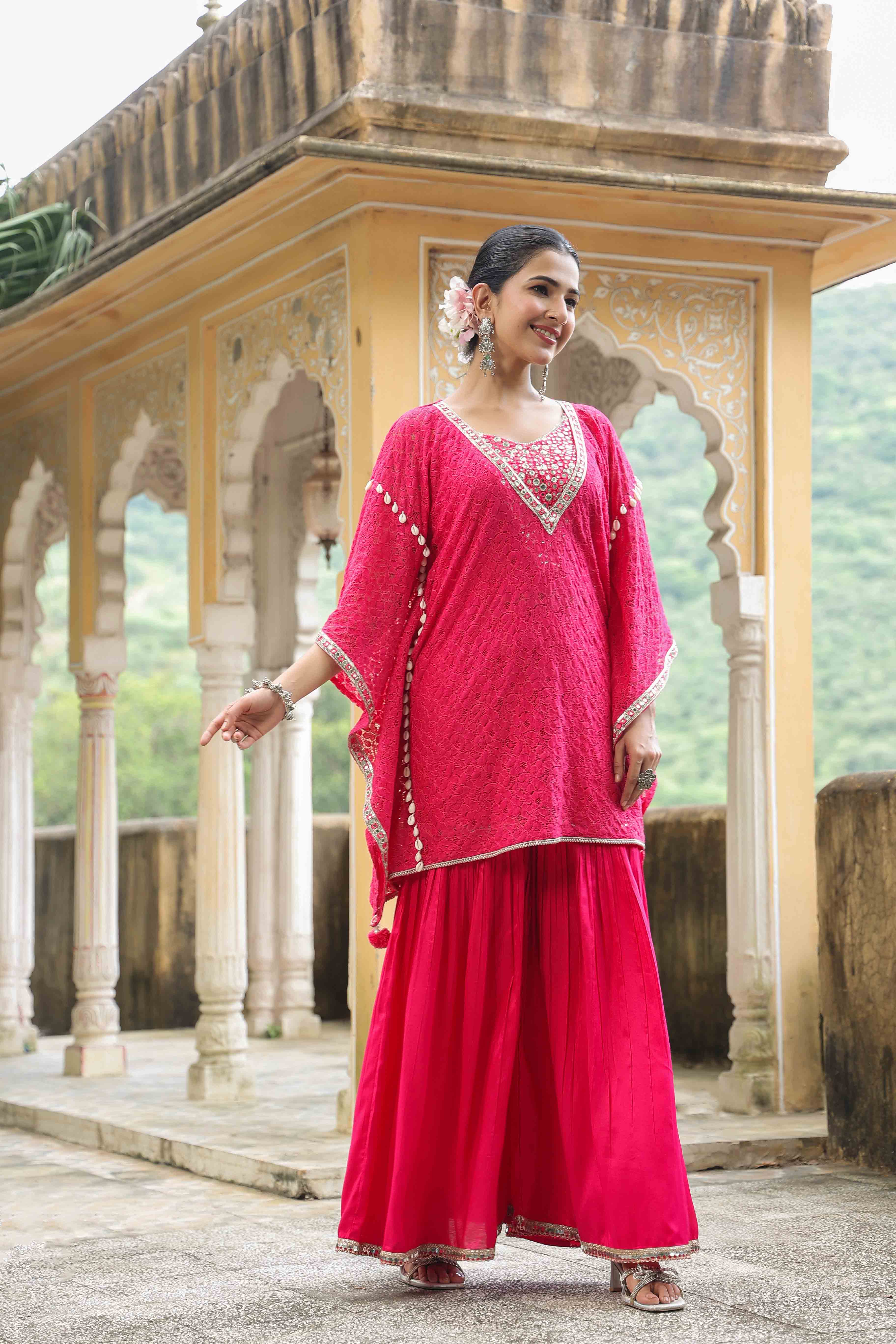 Pink Schiffli Net Kaftan Set