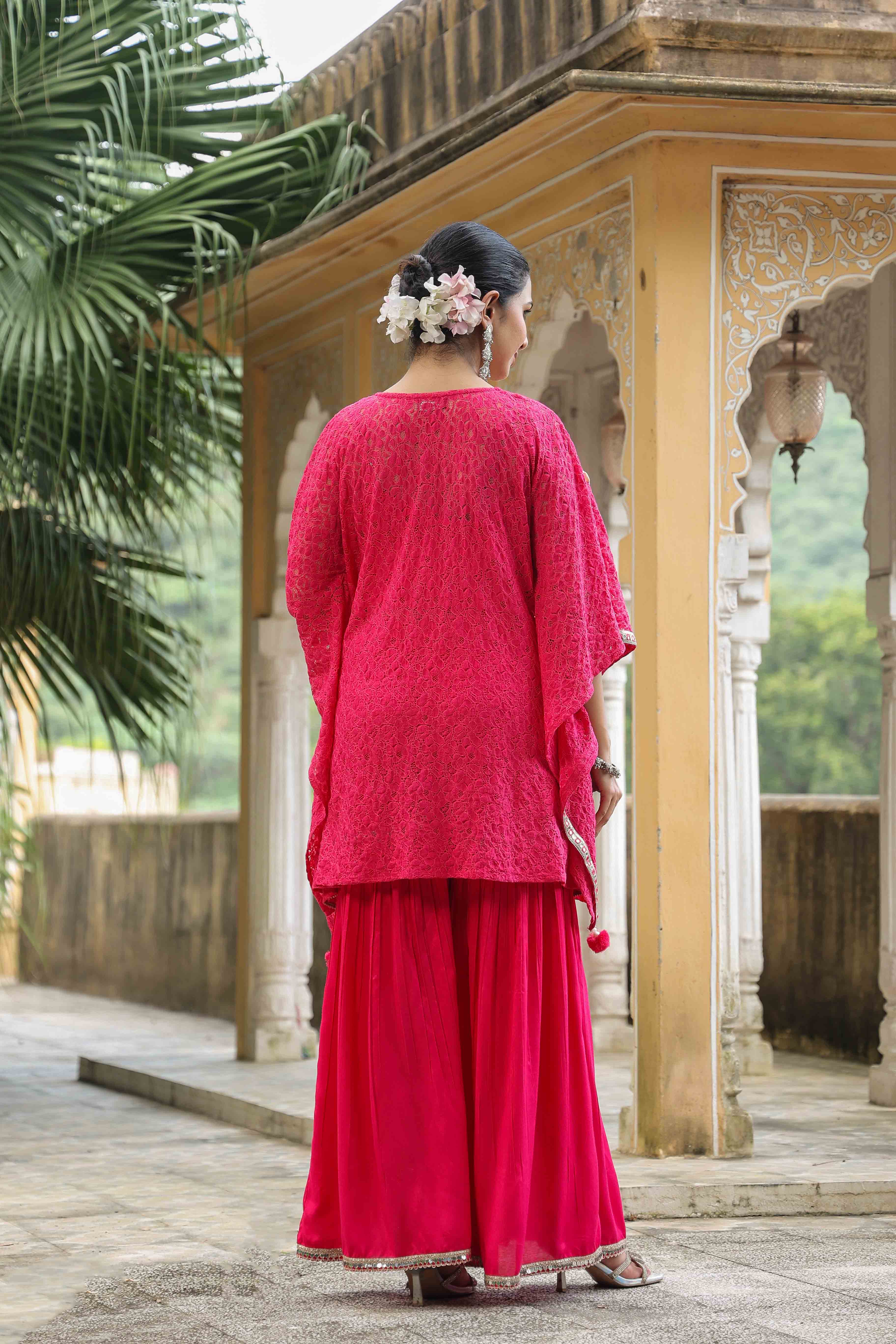Pink Schiffli Net Kaftan Set