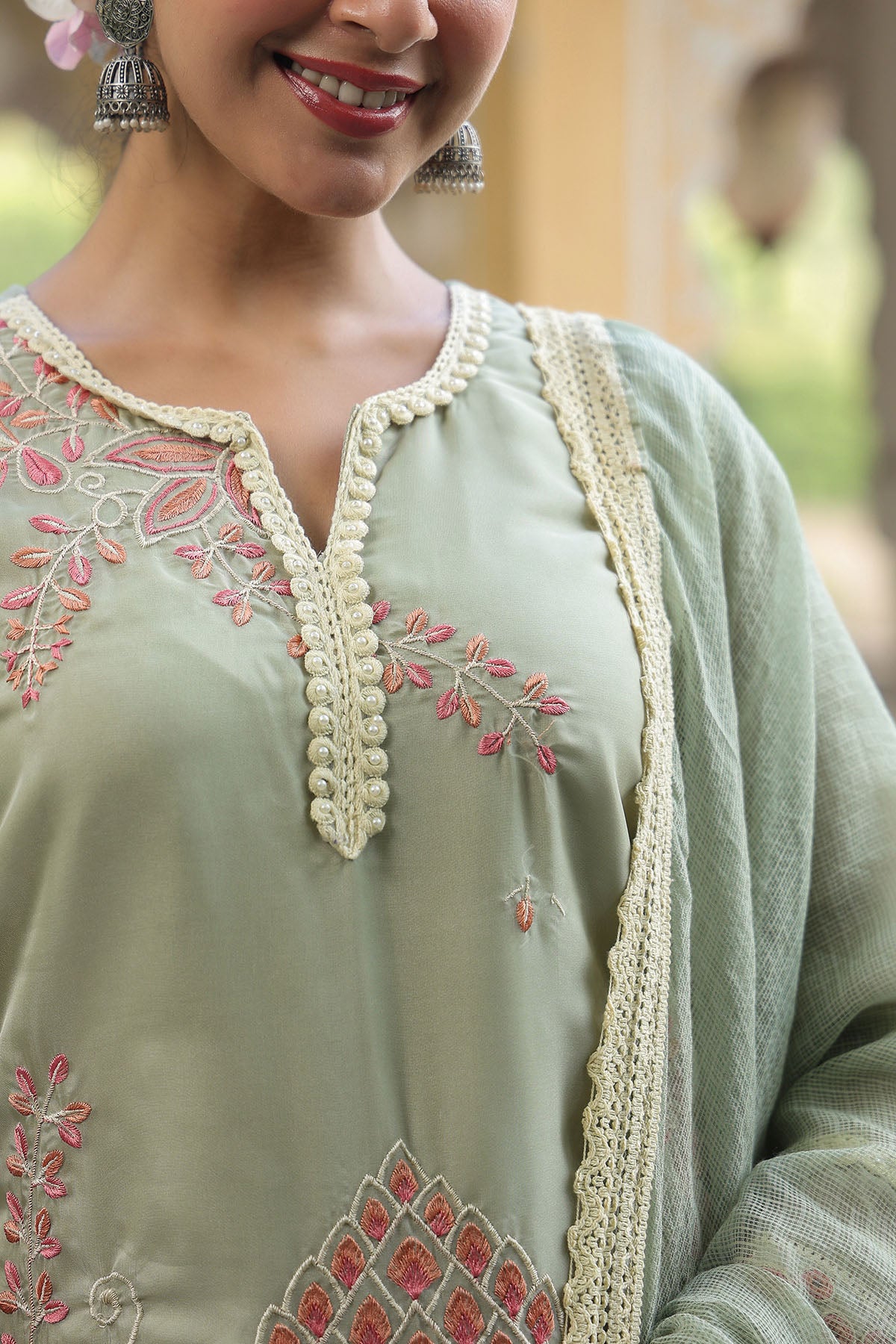 Green Organza Embroidered Straight Suit