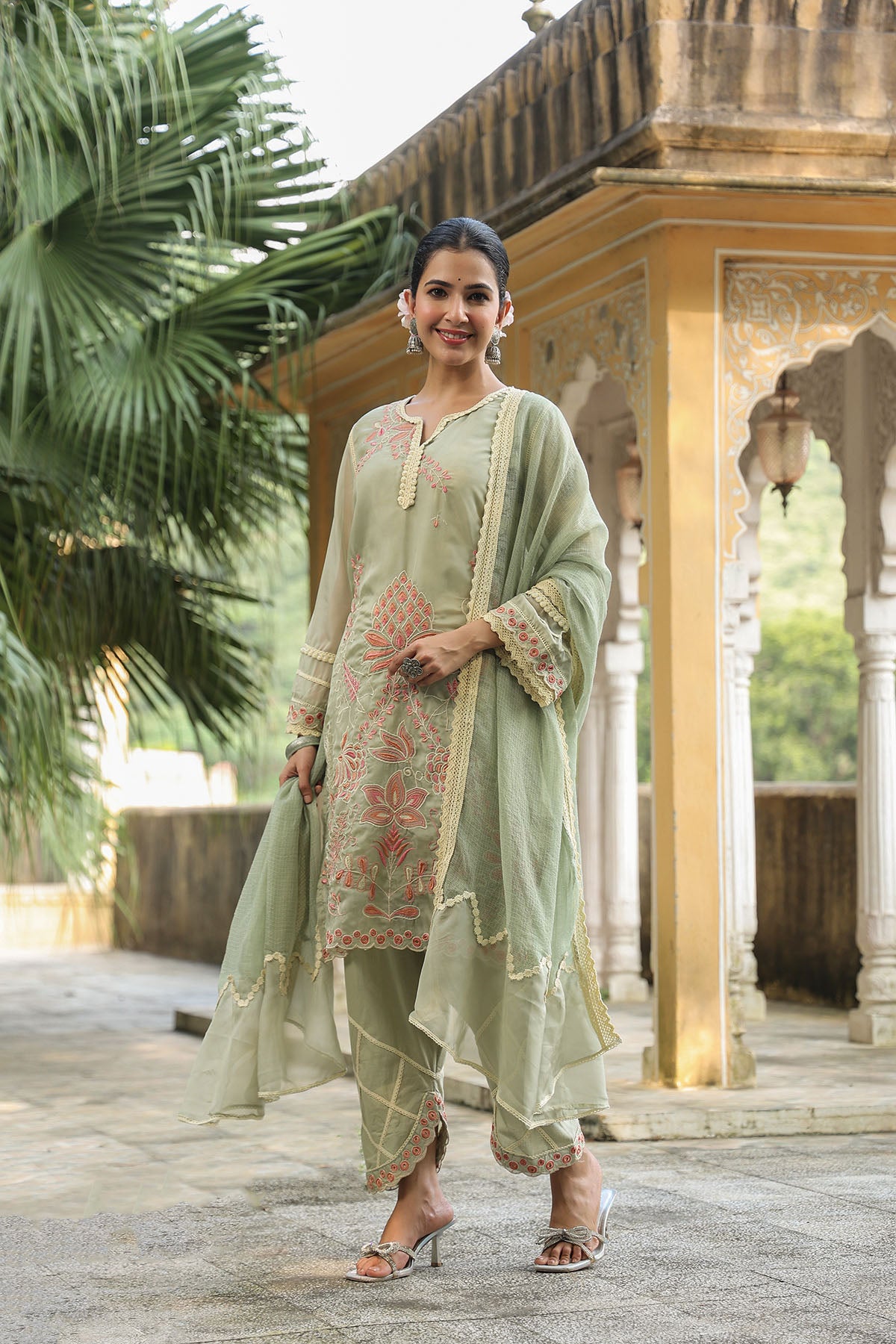Green Organza Embroidered Straight Suit