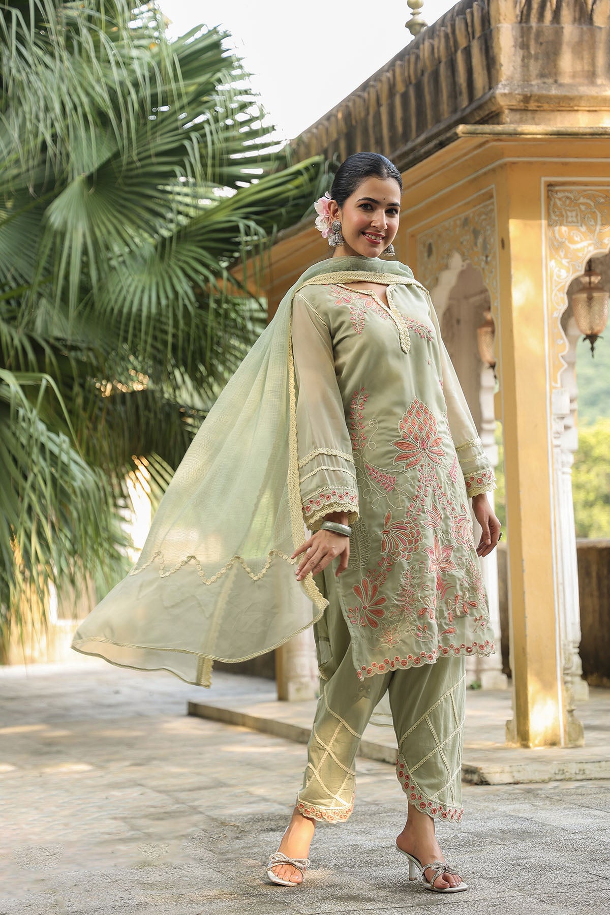 Green Organza Embroidered Straight Suit