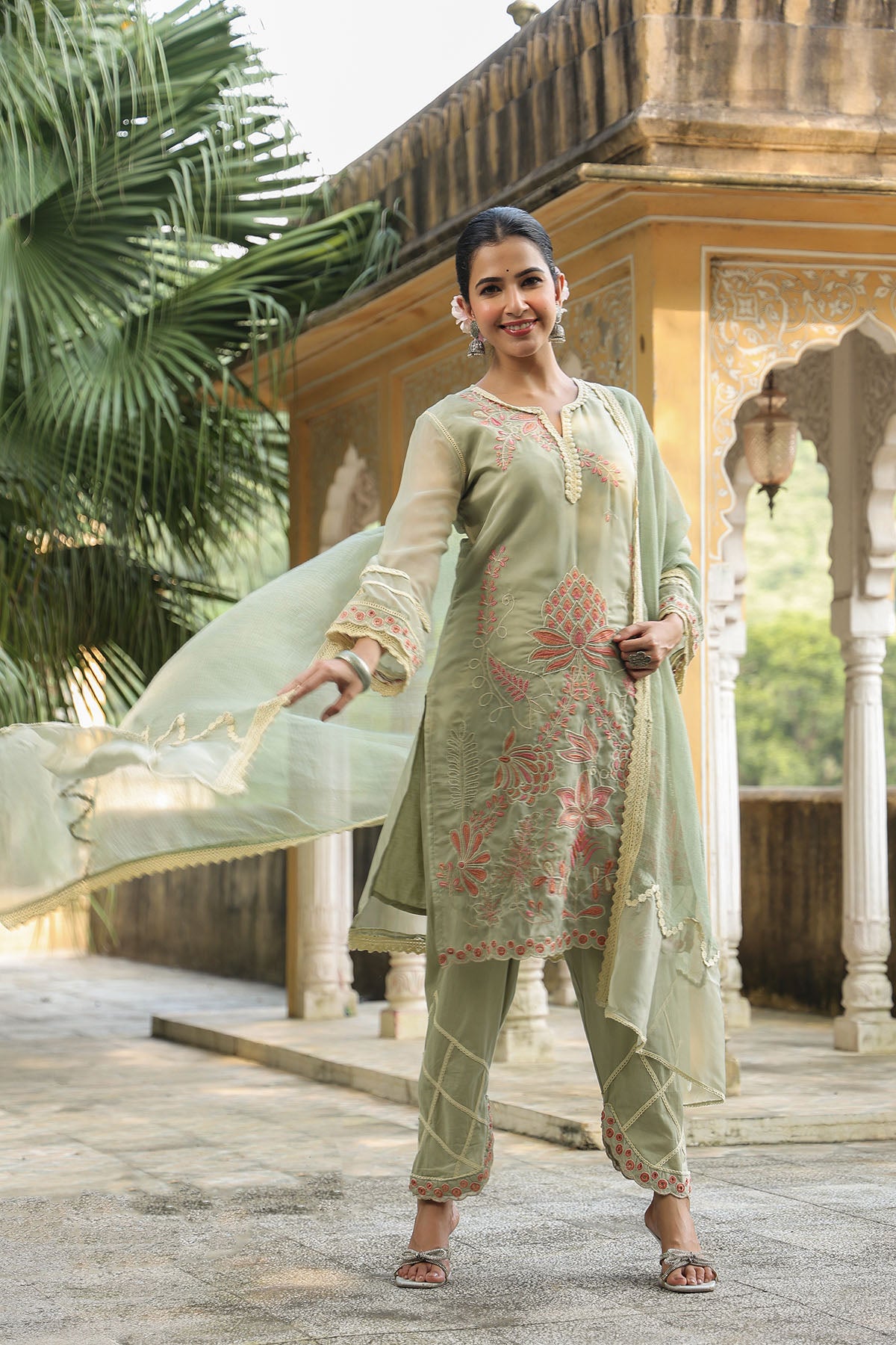 Green Organza Embroidered Straight Suit