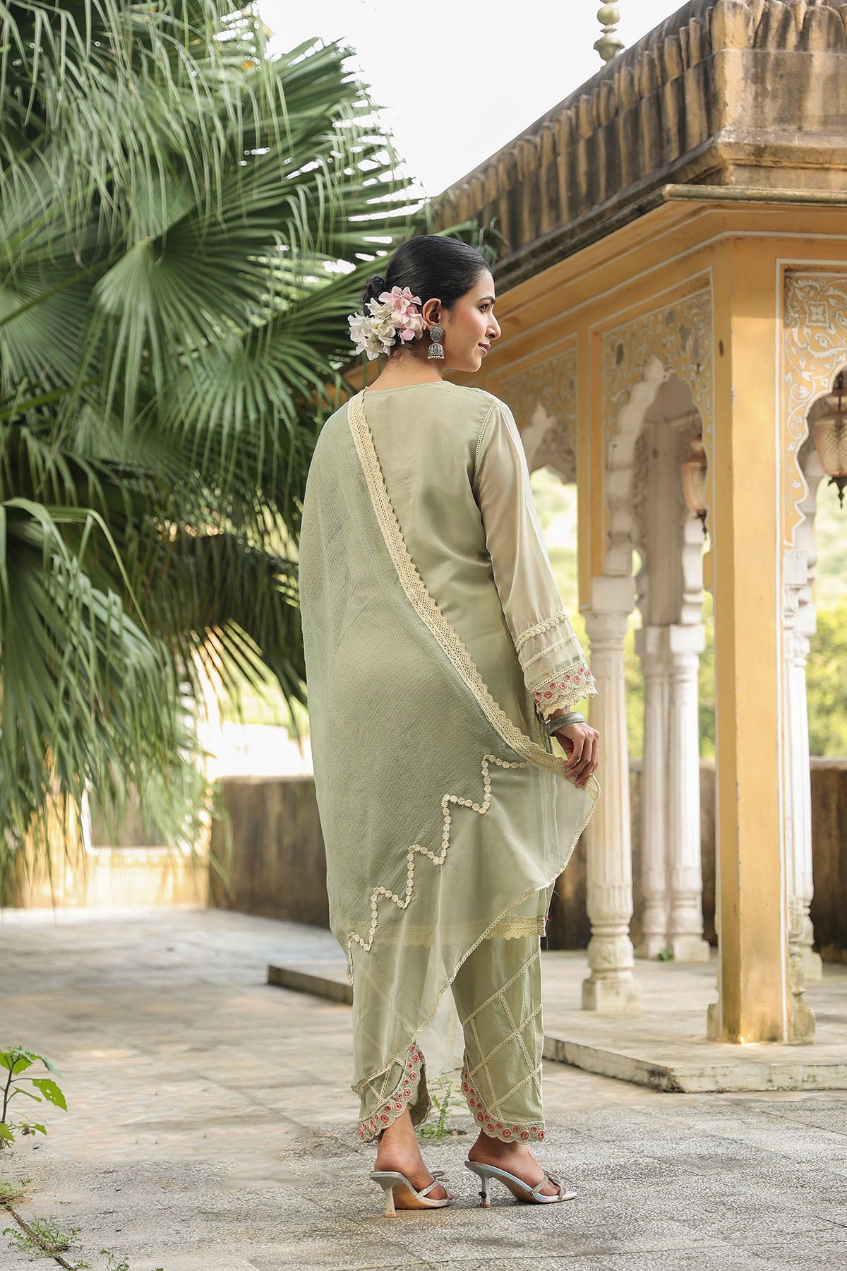 Green Organza Embroidered Straight Suit