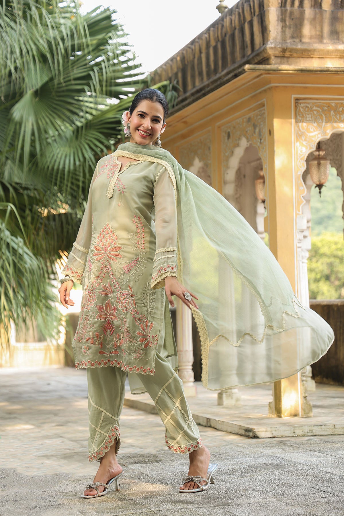 Green Organza Embroidered Straight Suit