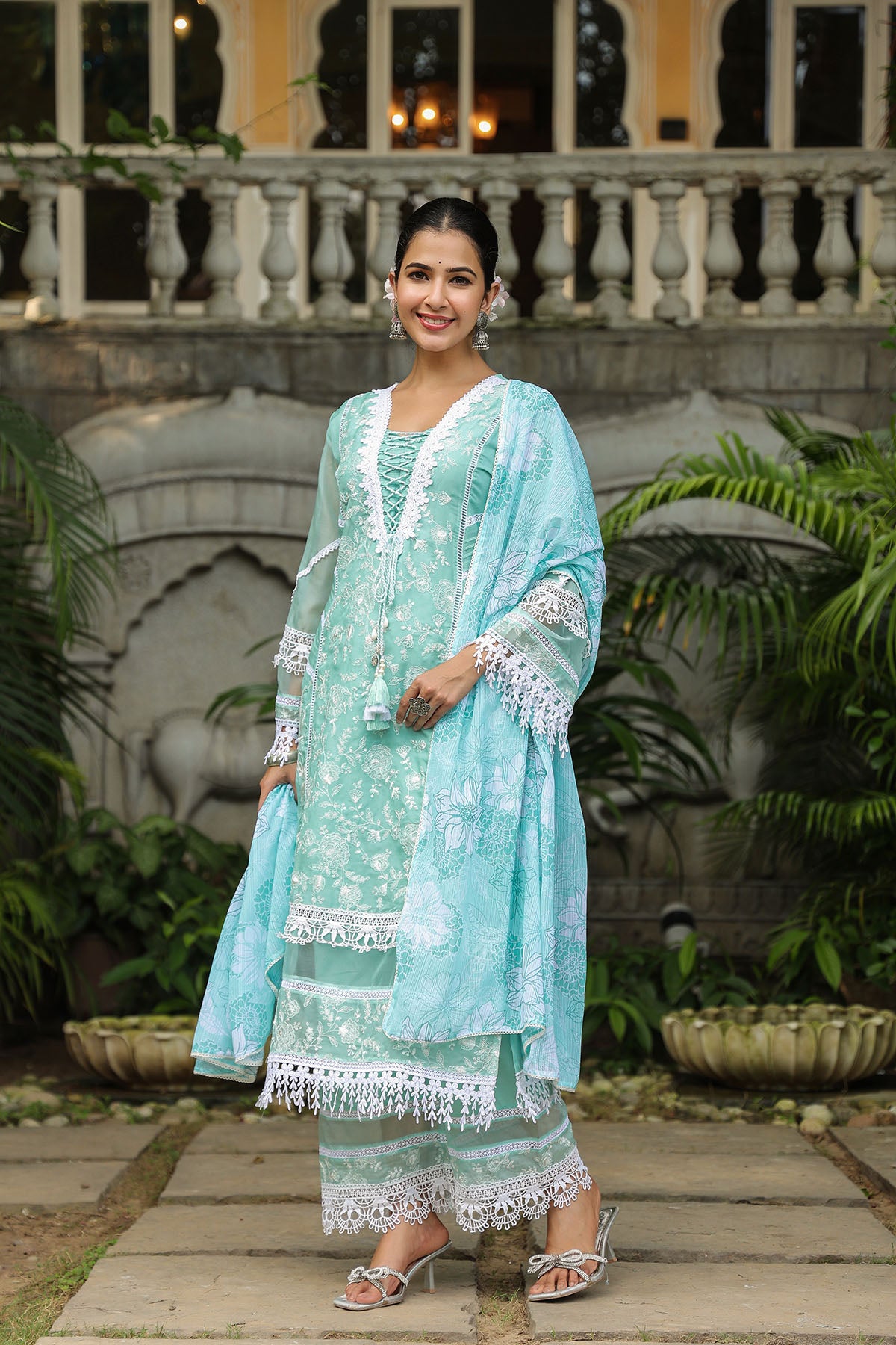 Turquoise Organza Embroidered Straight Suit