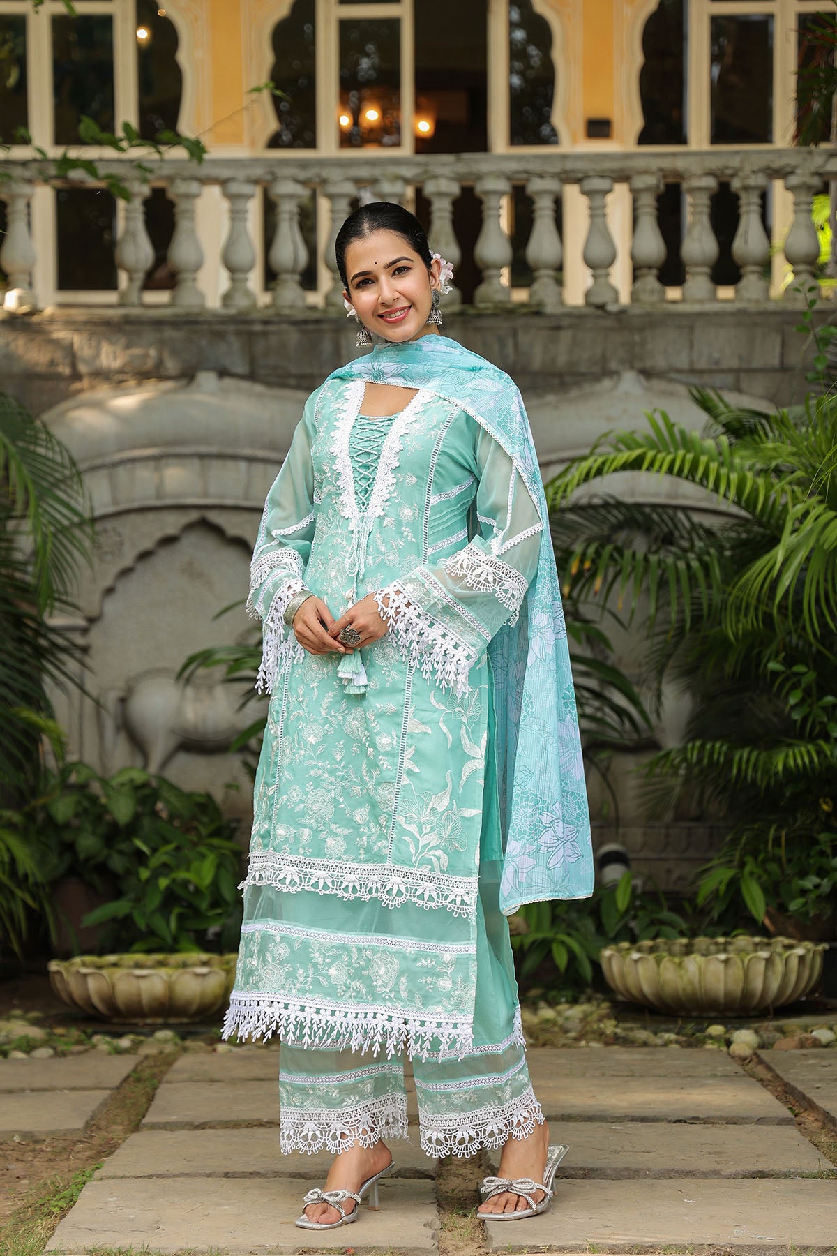 Turquoise Organza Embroidered Straight Suit