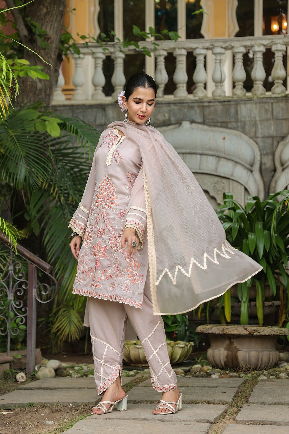 Brown Organza Embroidered Straight Suit