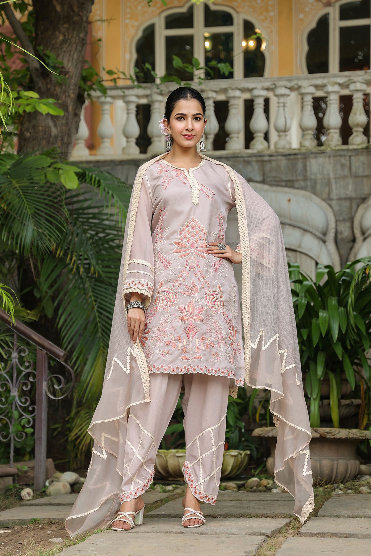 Brown Organza Embroidered Straight Suit
