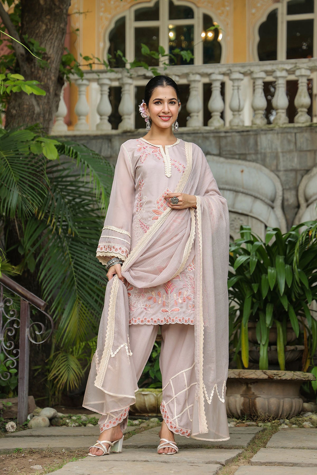Brown Organza Embroidered Straight Suit