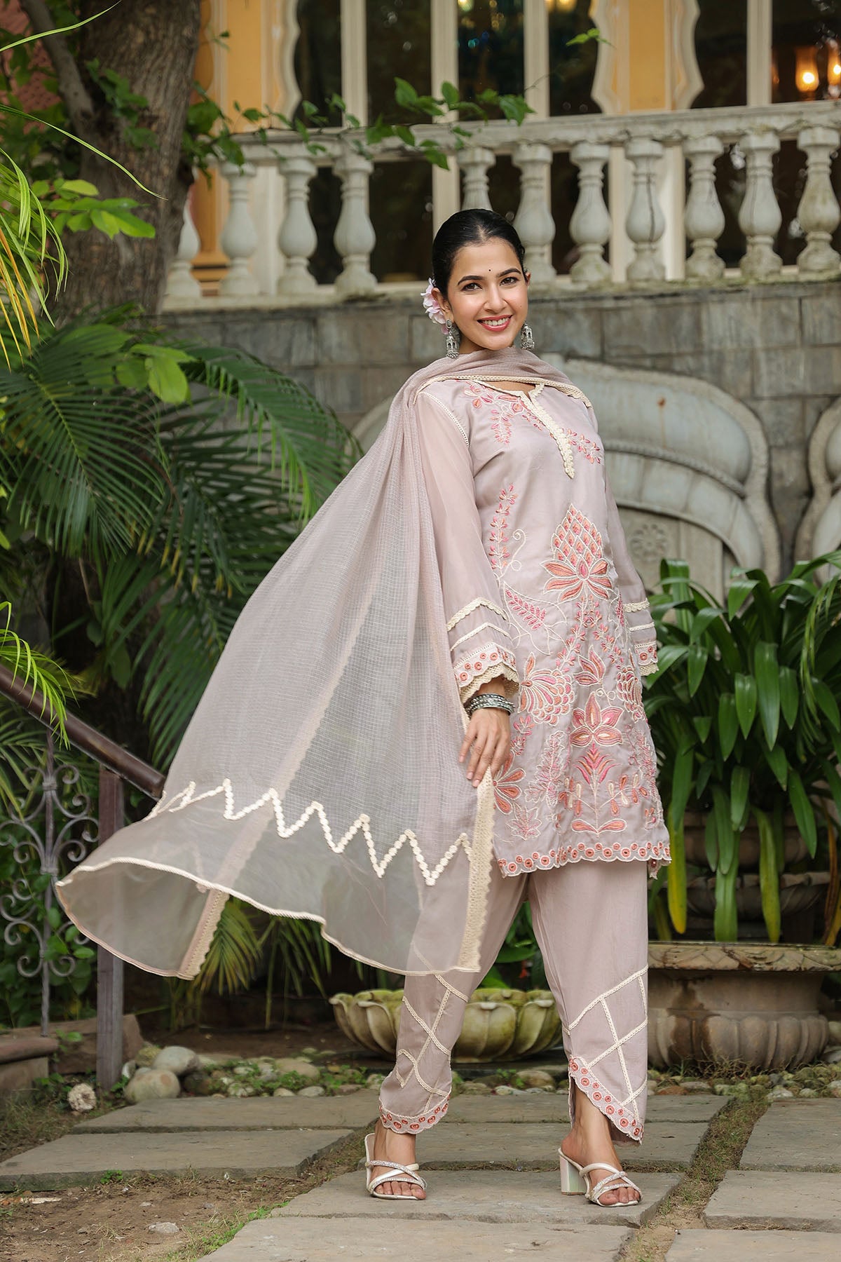 Brown Organza Embroidered Straight Suit