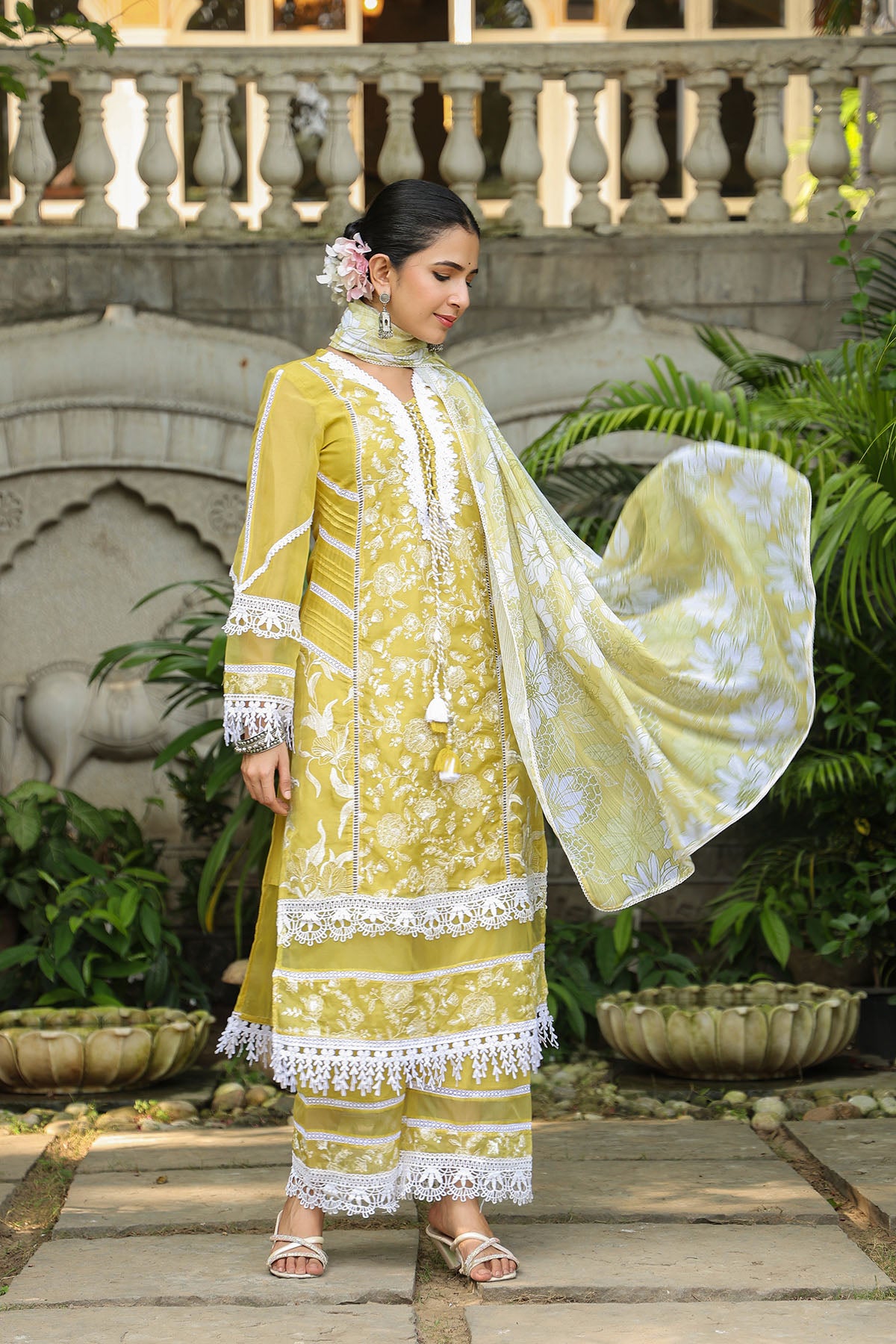 Yellow Organza Embroidered Straight Suit