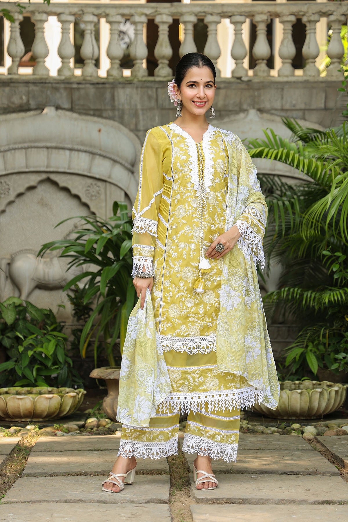 Yellow Organza Embroidered Straight Suit