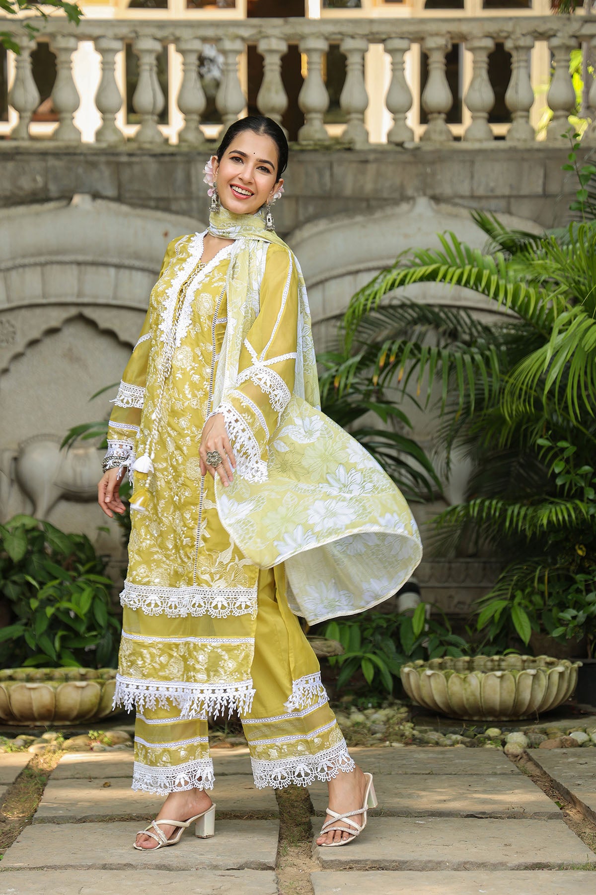 Yellow Organza Embroidered Straight Suit