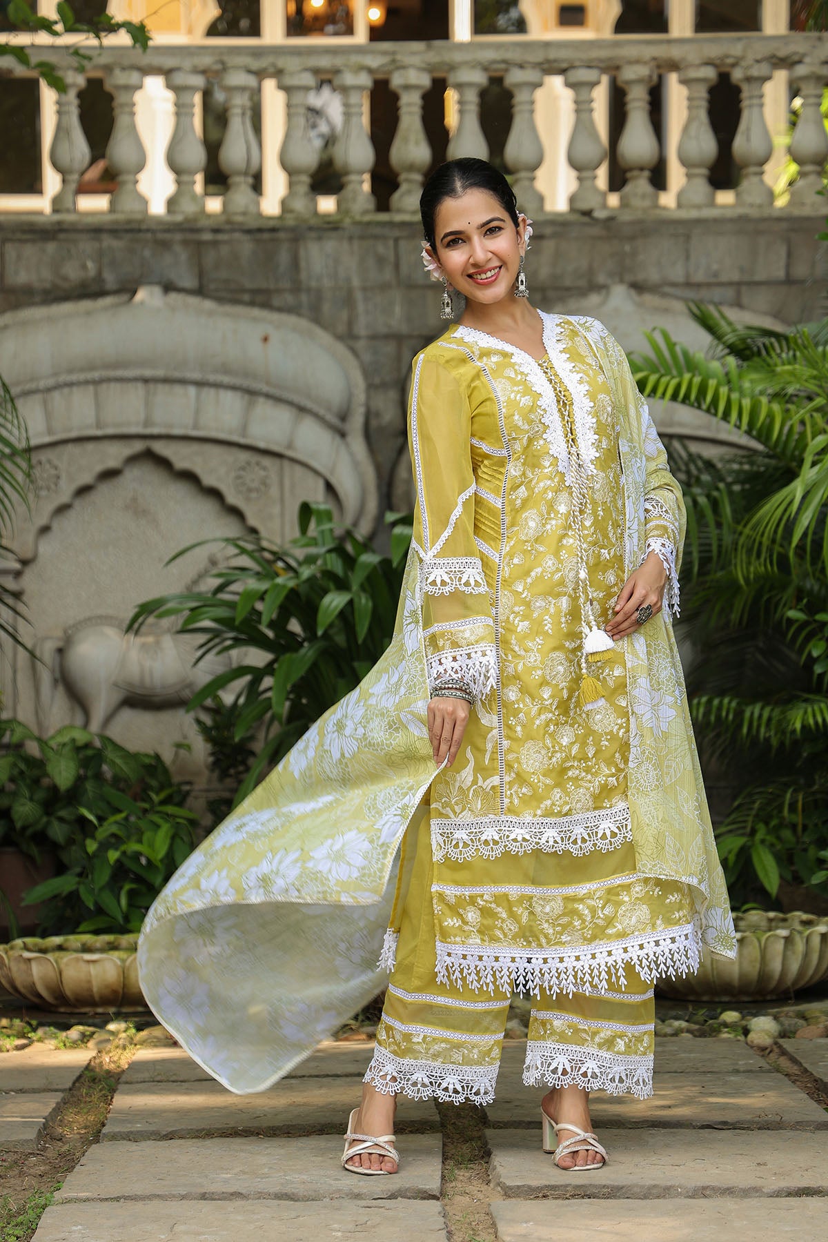 Yellow Organza Embroidered Straight Suit