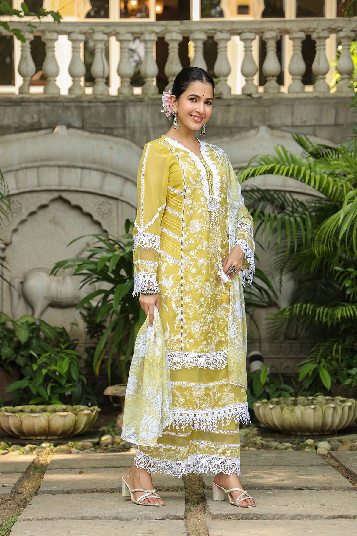 Yellow Organza Embroidered Straight Suit