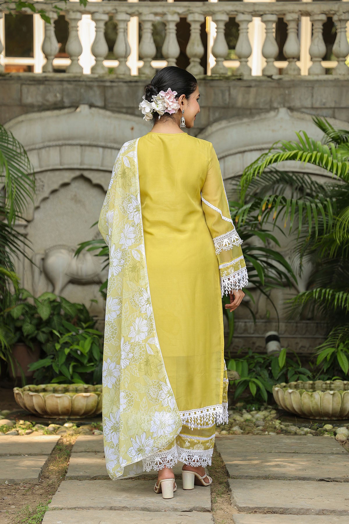 Yellow Organza Embroidered Straight Suit