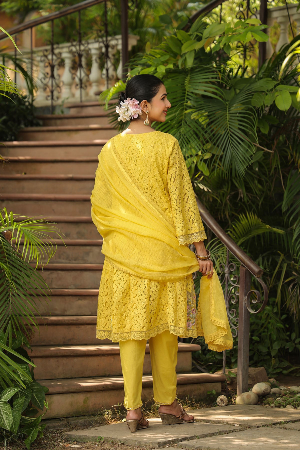 Yellow Schiffli Net Embroidered Anarkali Suit