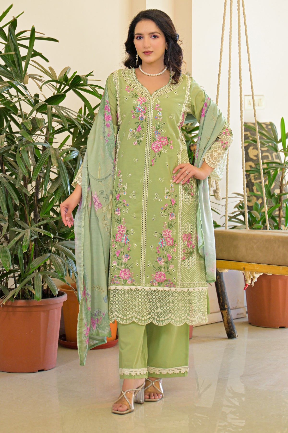 Green Cotton Embroidered Suit Set