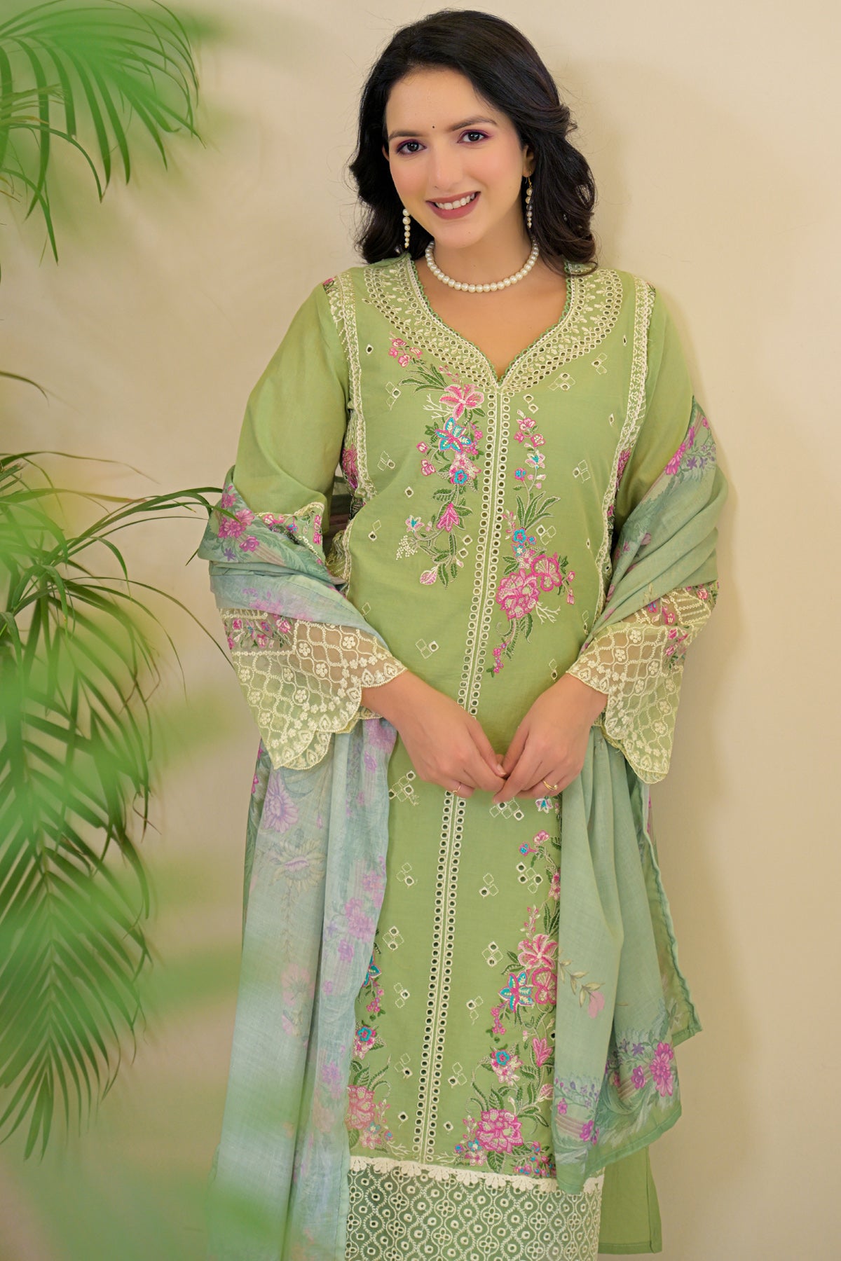 Green Cotton Embroidered Suit Set
