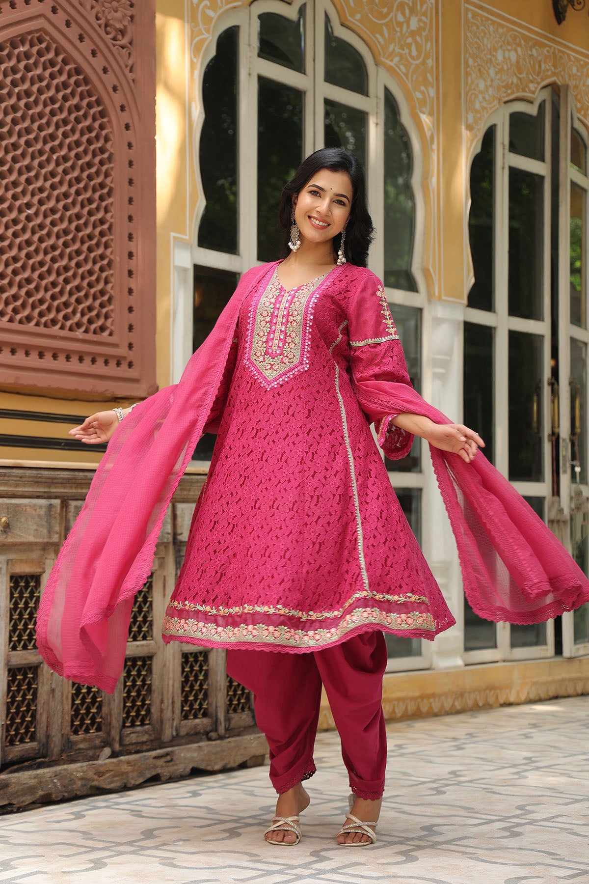 Maroon Schiffli Net Embroidered Anarkali Suit