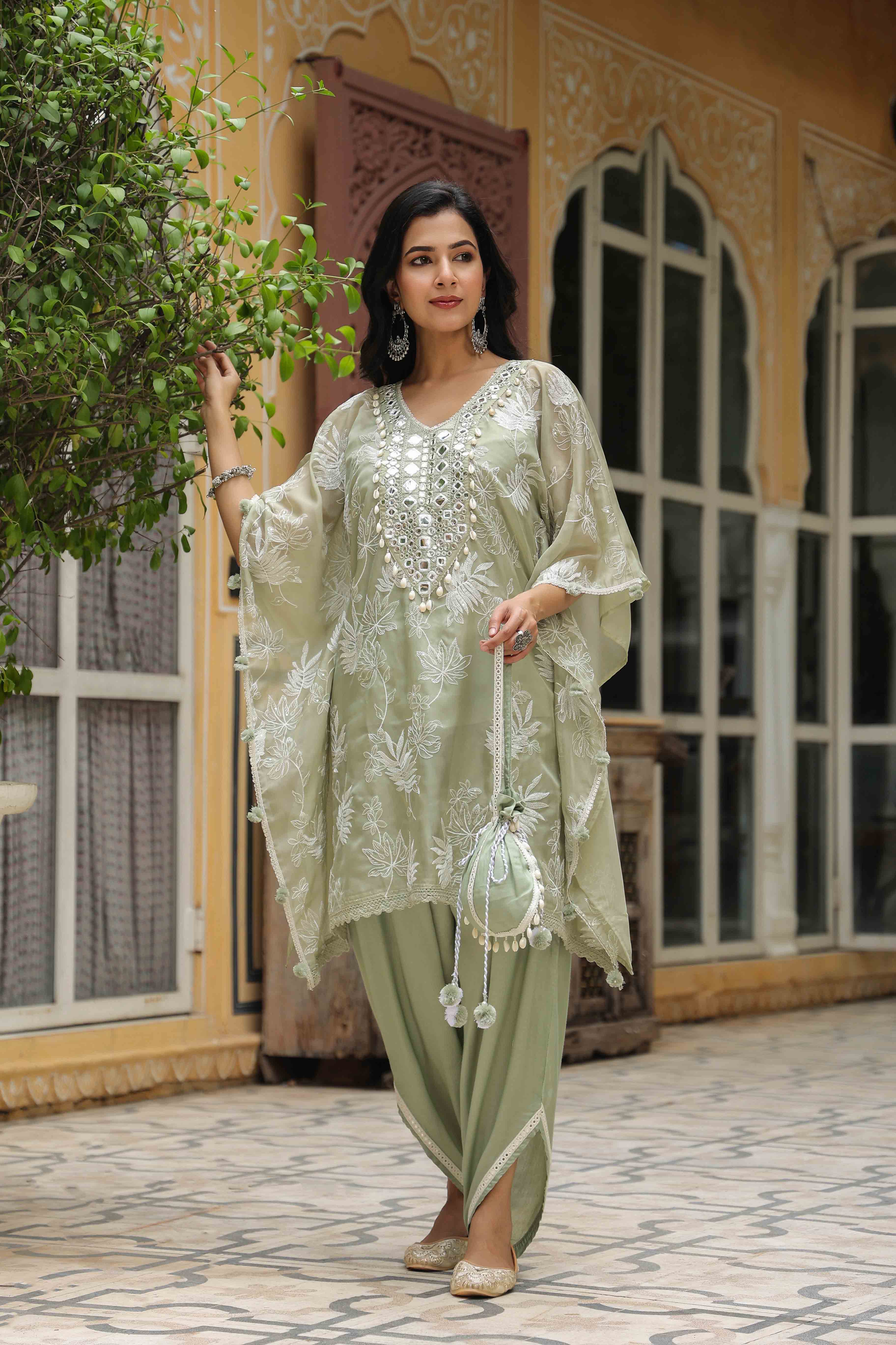 Olive Green Organza Embroidered Kaftan Set With Potli Bag