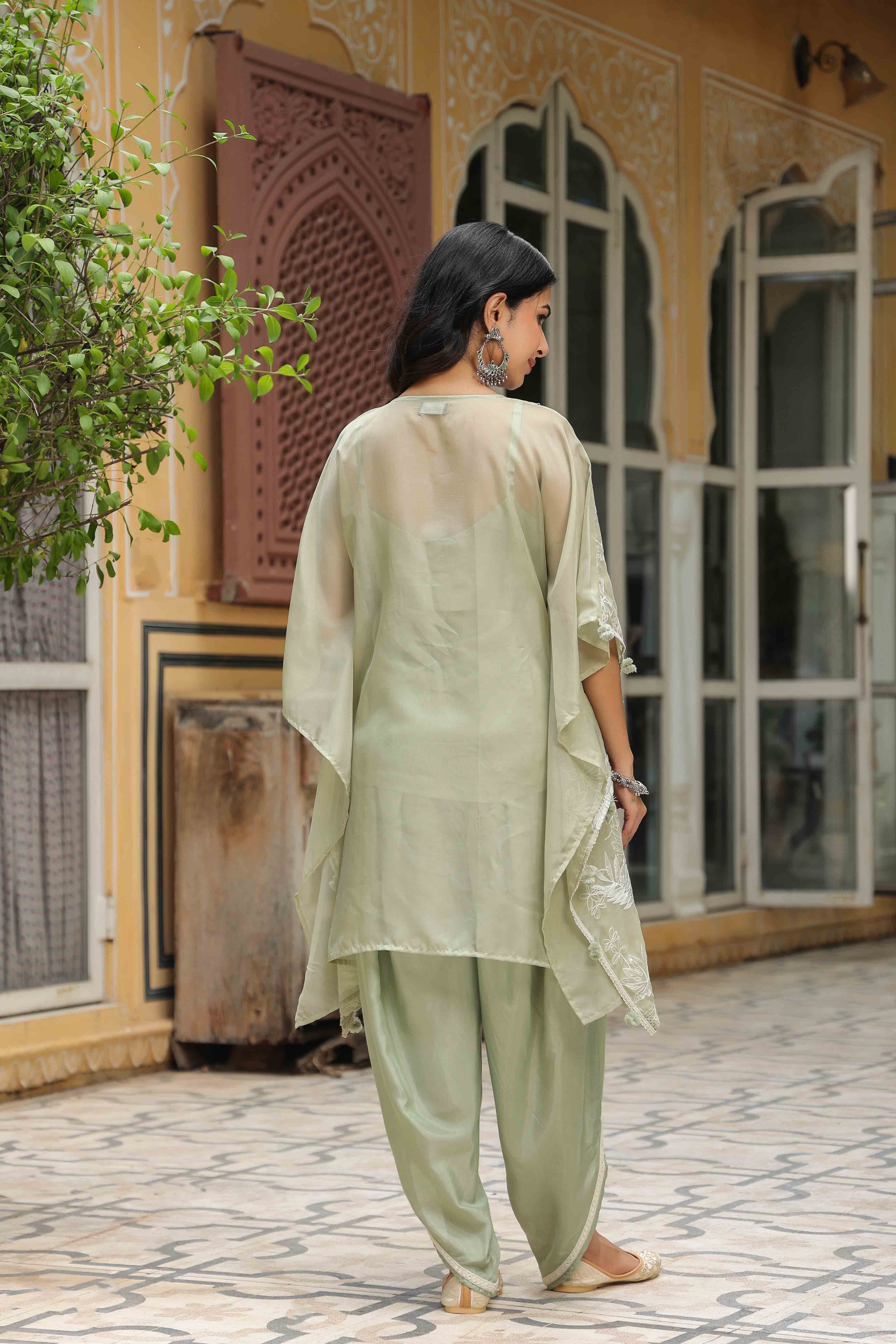 Olive Green Organza Embroidered Kaftan Set With Potli Bag