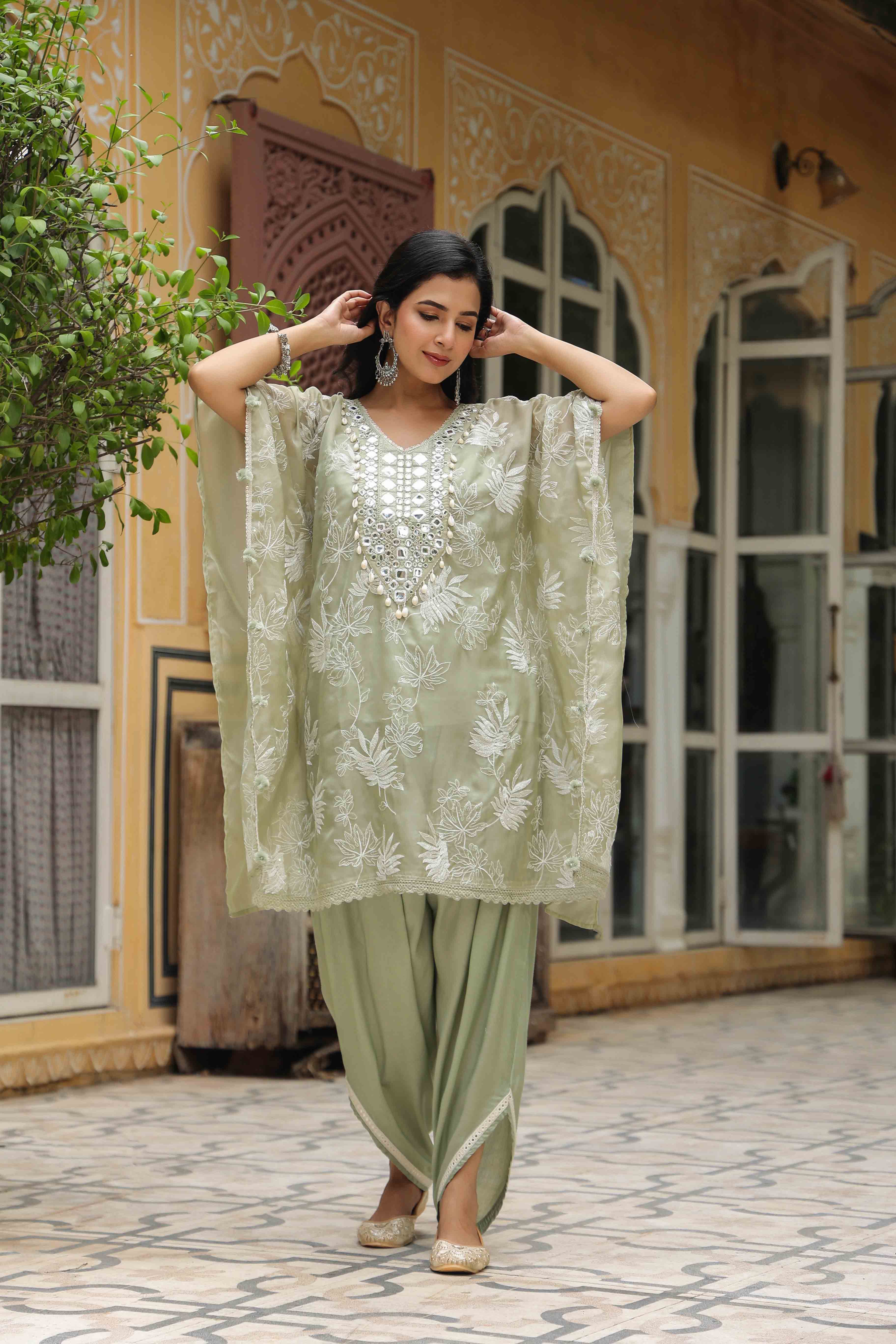Olive Green Organza Embroidered Kaftan Set With Potli Bag