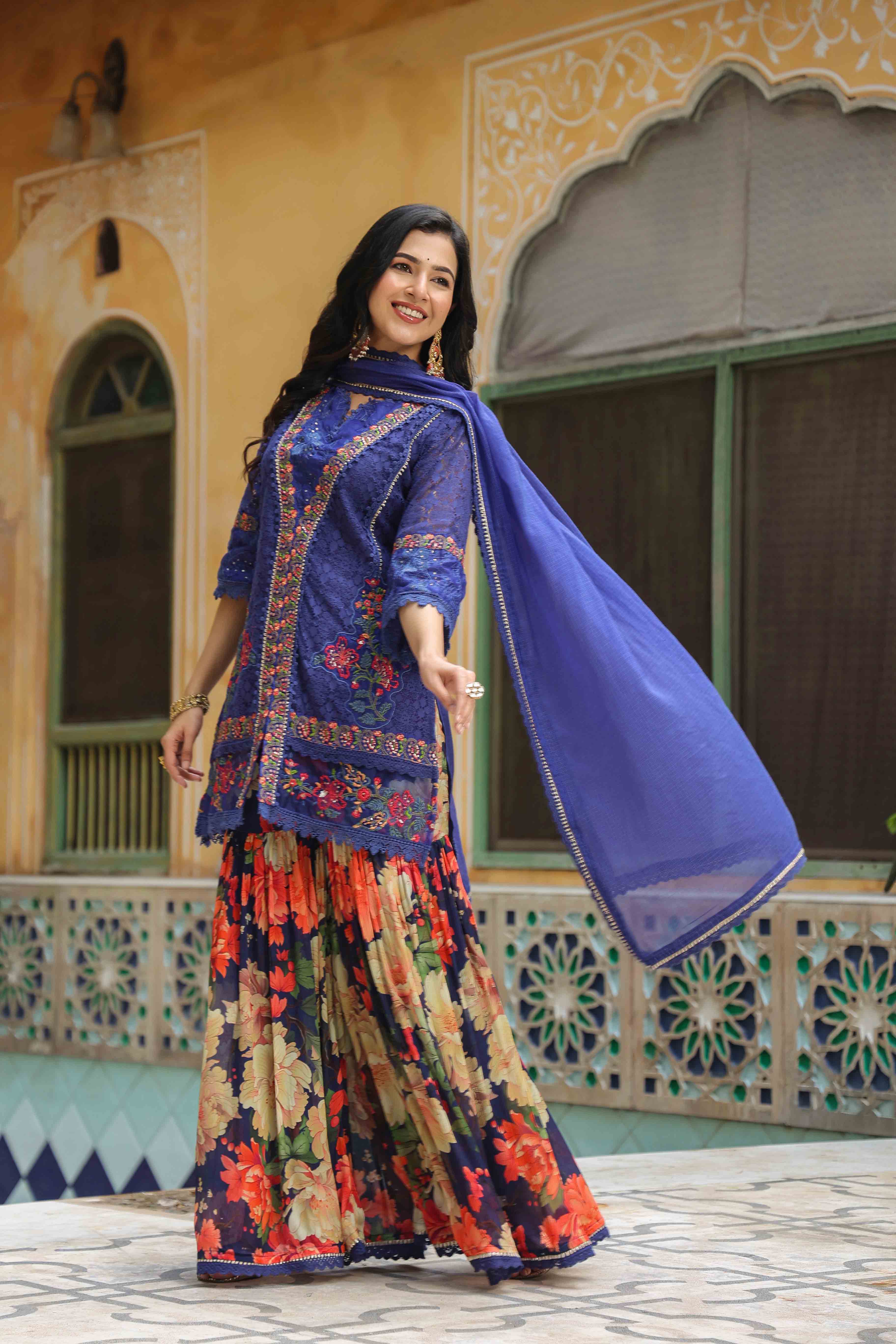 Blue Schiffli Net Embroidered Sharara Set