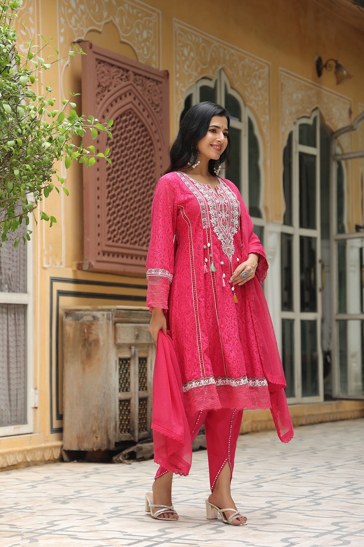 Pink Schiffli Net Embroidered Anarkali Set