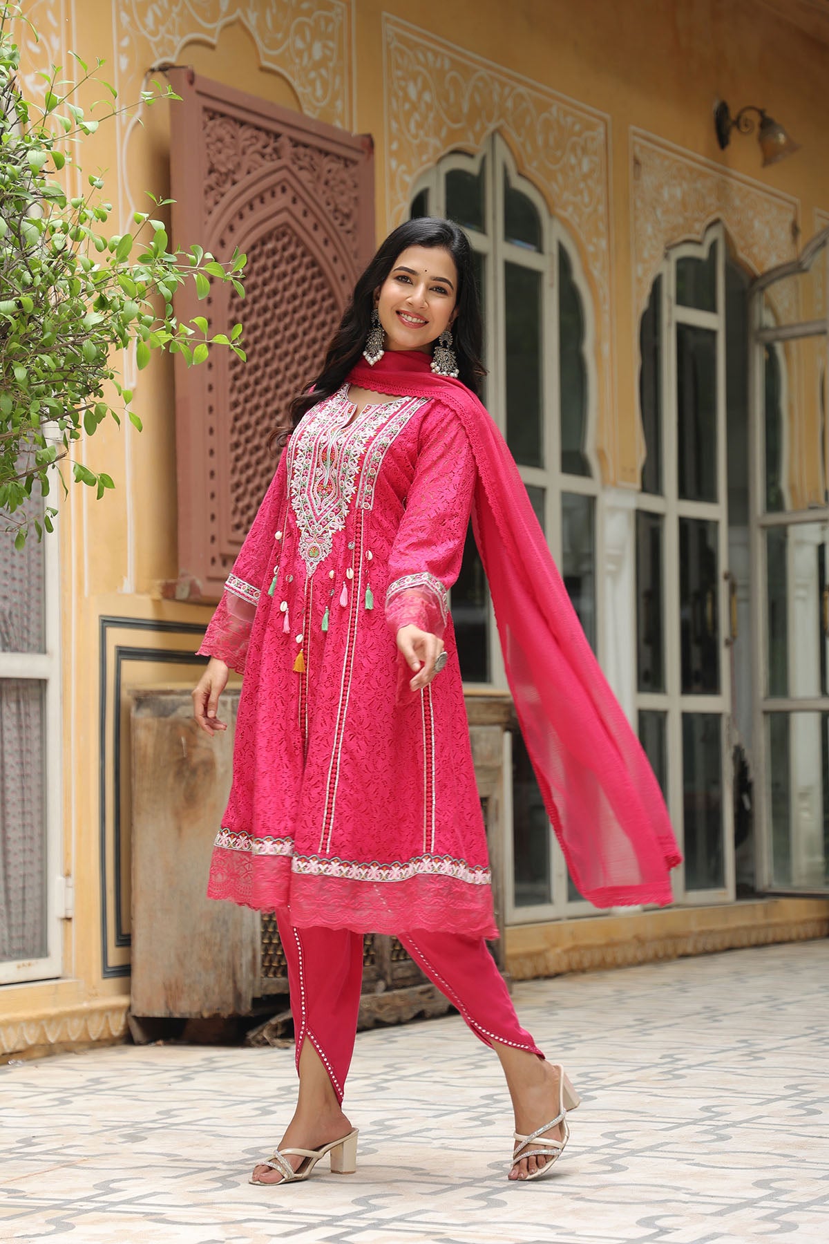 Pink Schiffli Net Embroidered Anarkali Set