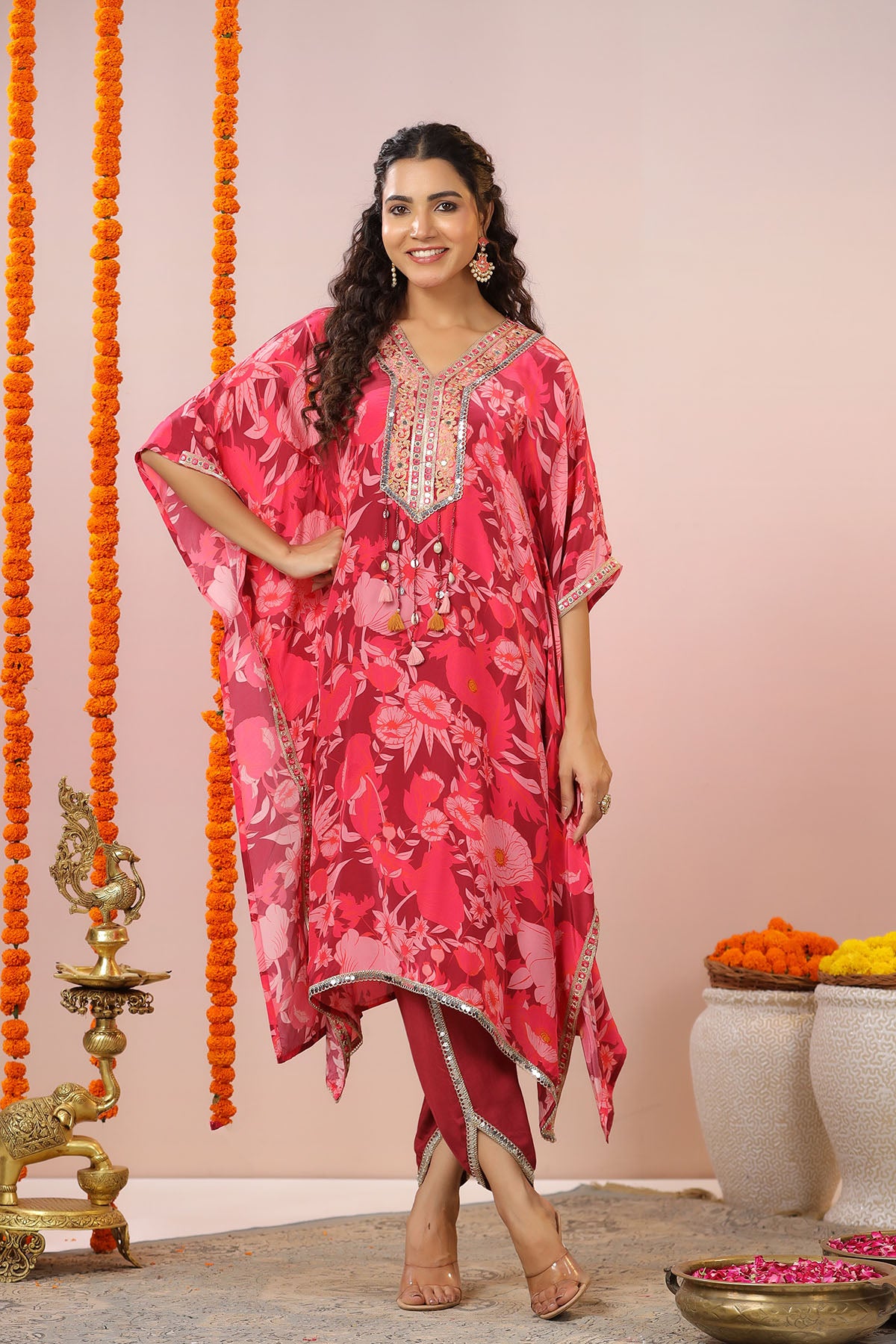 Red Floral Embroidered Kaftan Set With Potli Bag