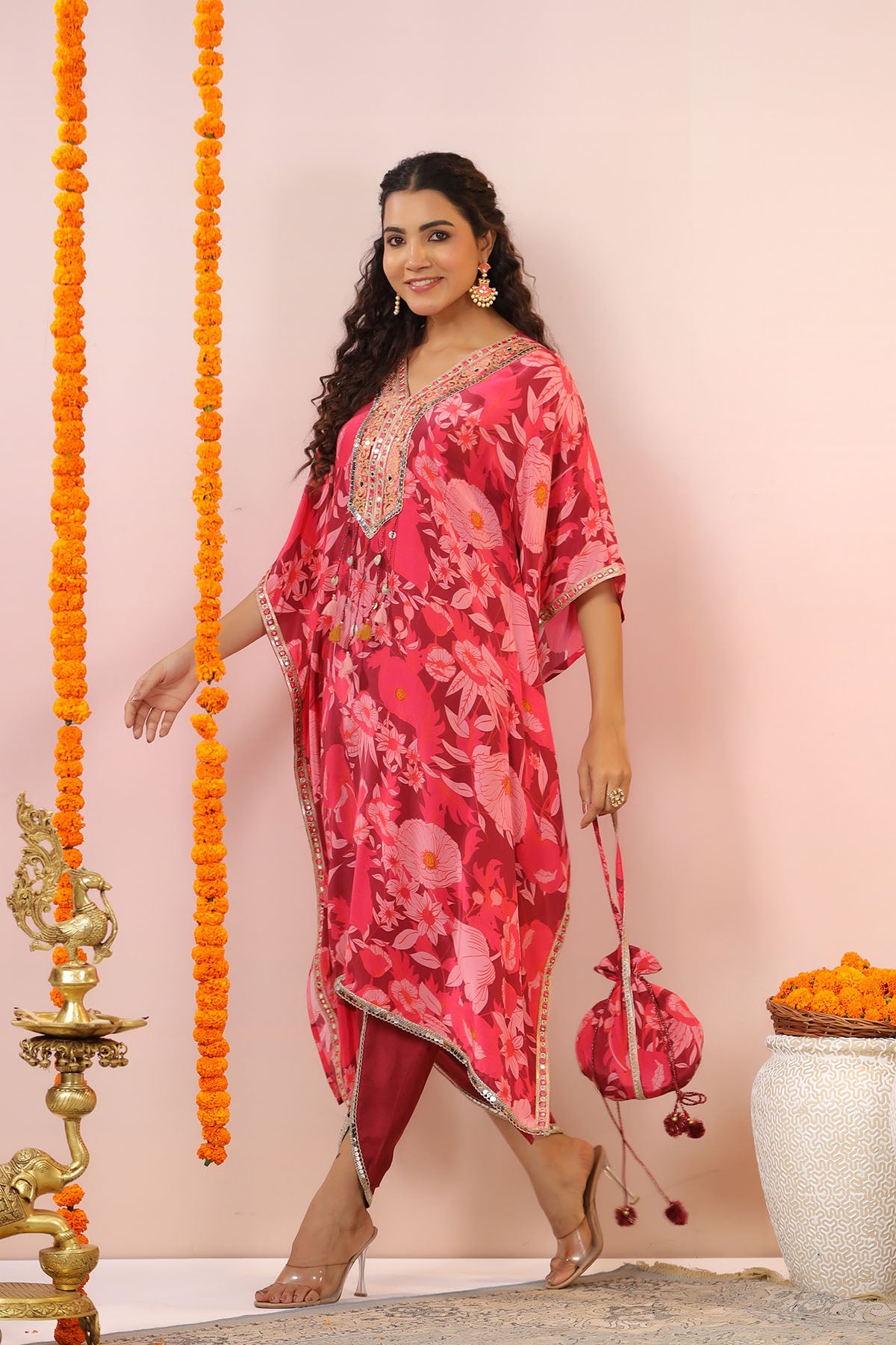 Red Floral Embroidered Kaftan Set With Potli Bag