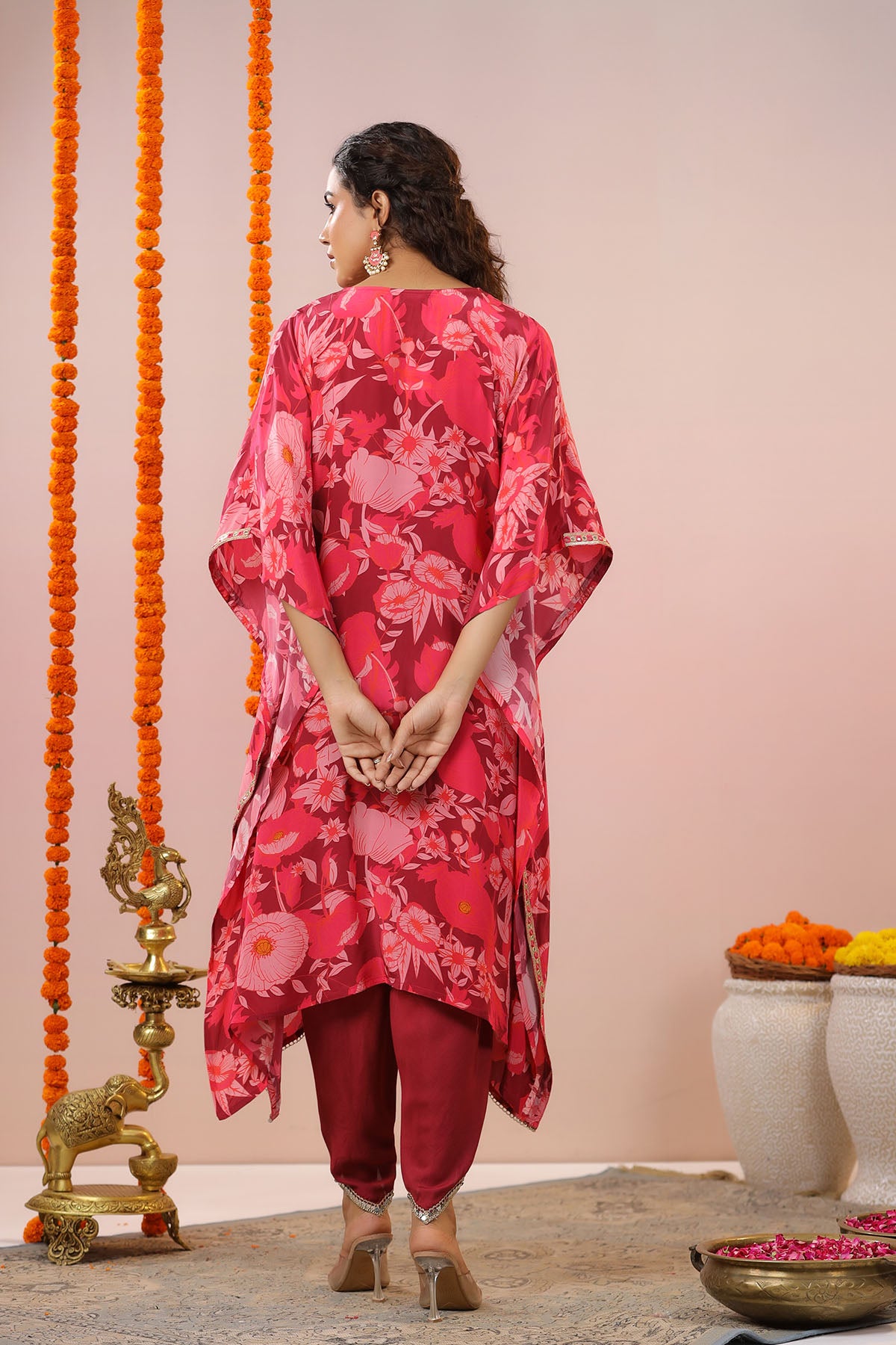 Red Floral Embroidered Kaftan Set With Potli Bag