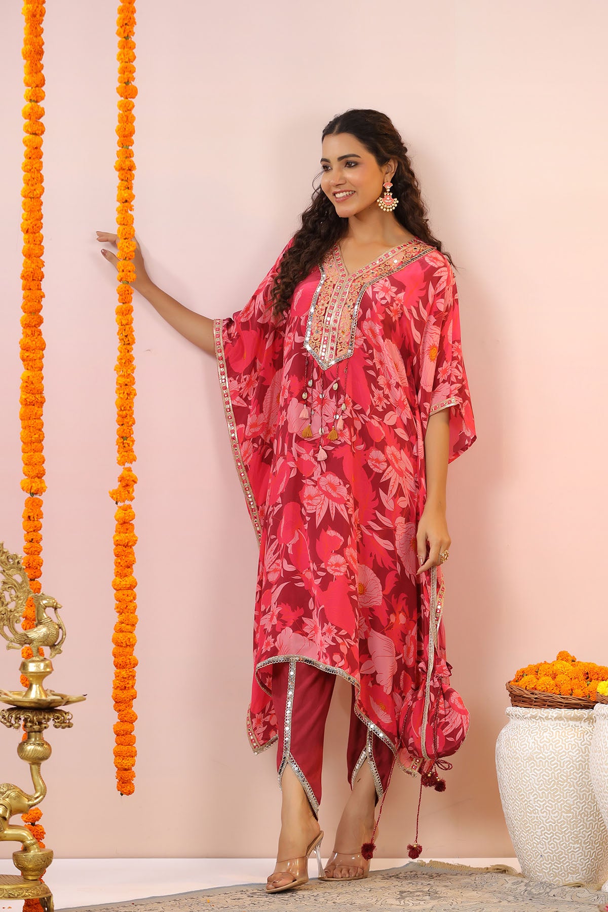 Red Floral Embroidered Kaftan Set With Potli Bag