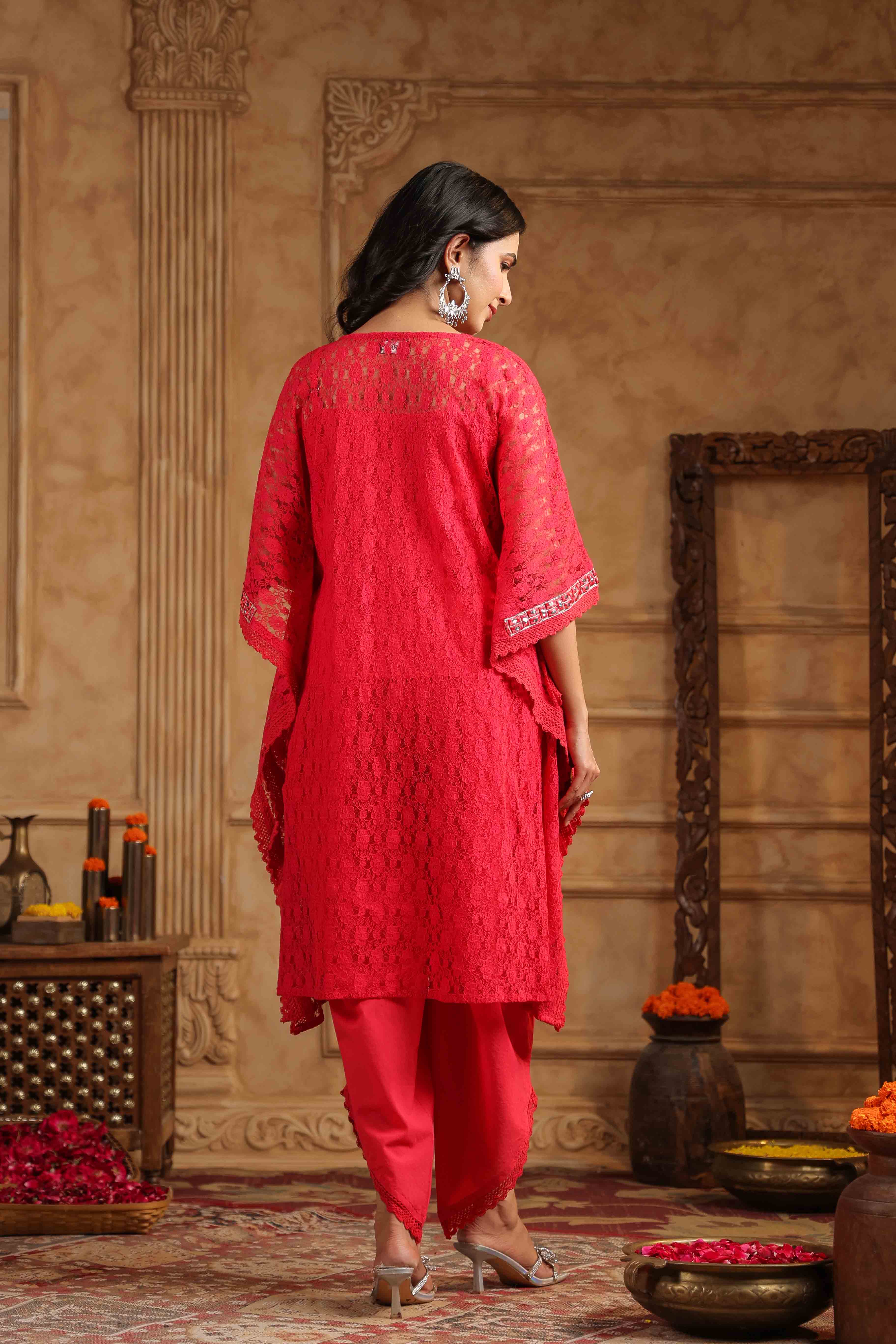 Red Schiffli Net Kaftan Set With Potli Bag
