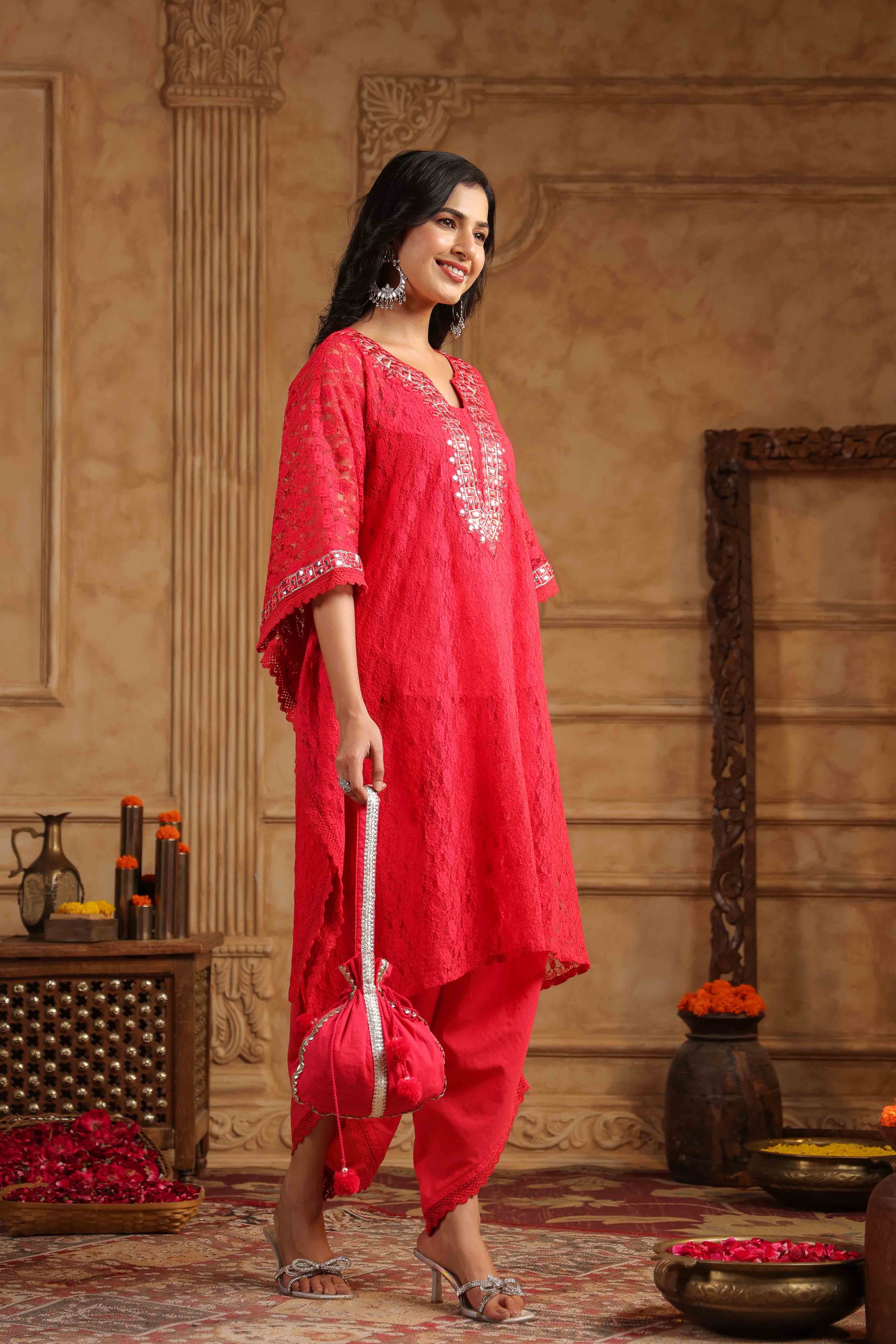Red Schiffli Net Kaftan Set With Potli Bag