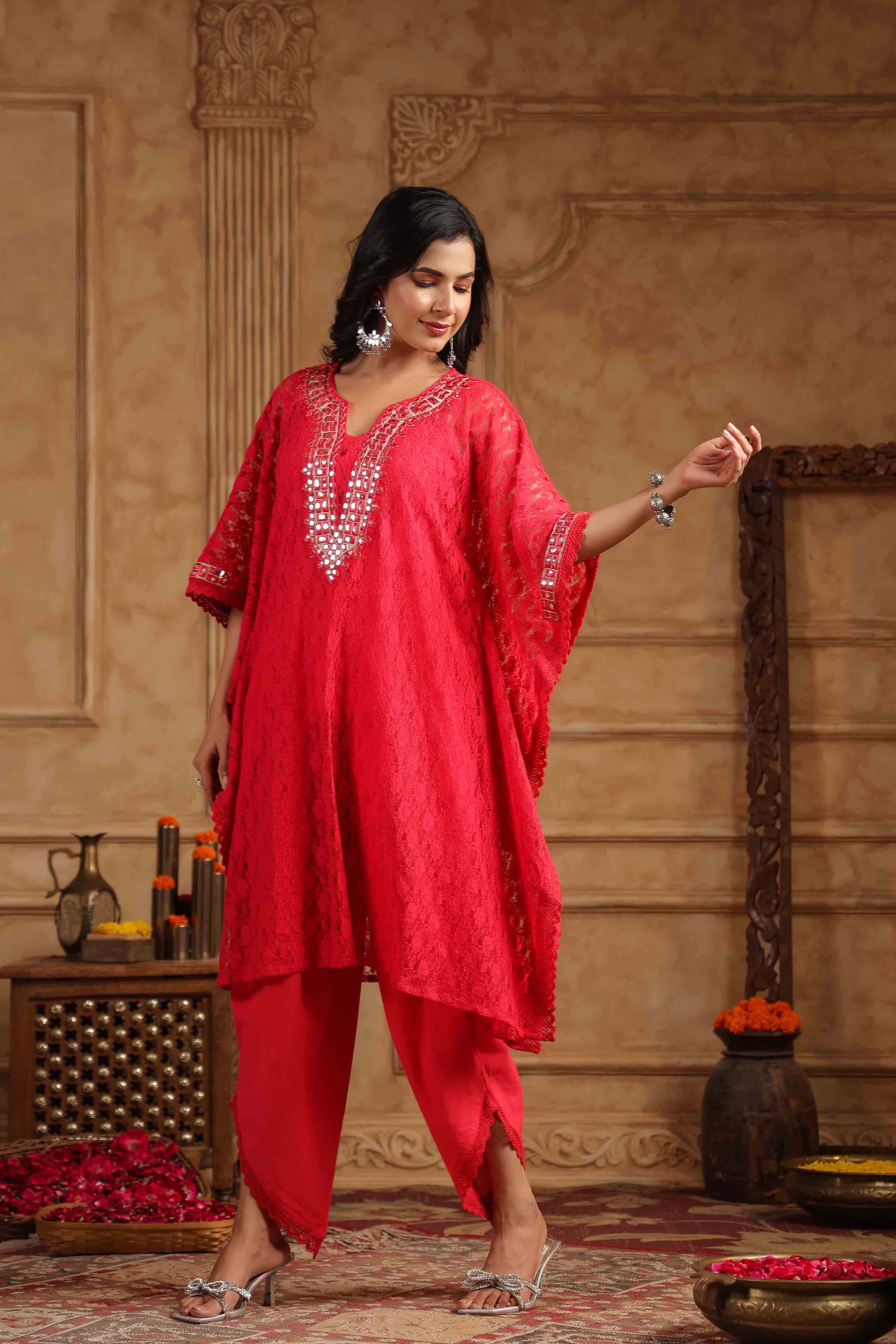 Red Schiffli Net Kaftan Set With Potli Bag