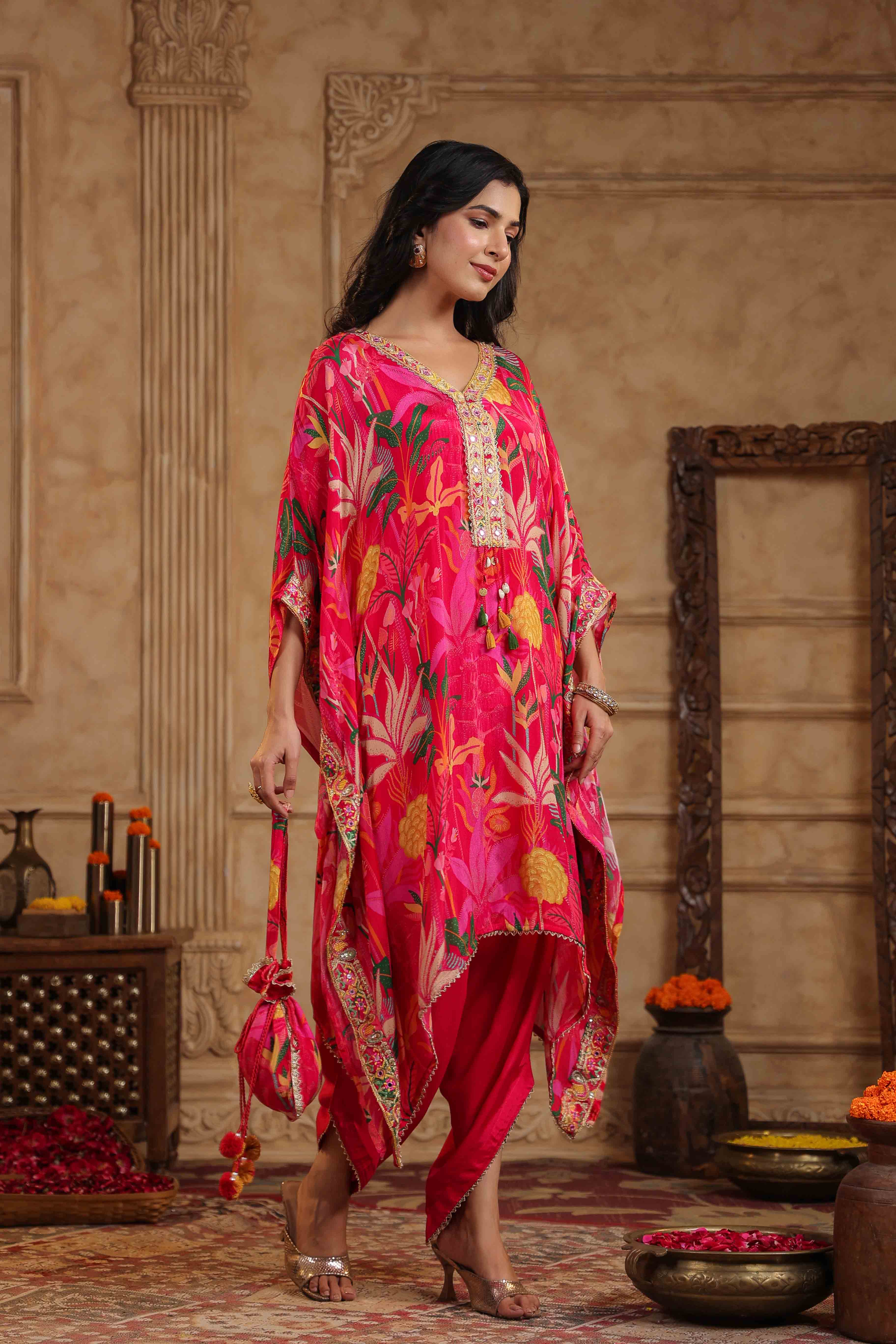 Pink Chinon Floral Kaftan Set With Potli Bag