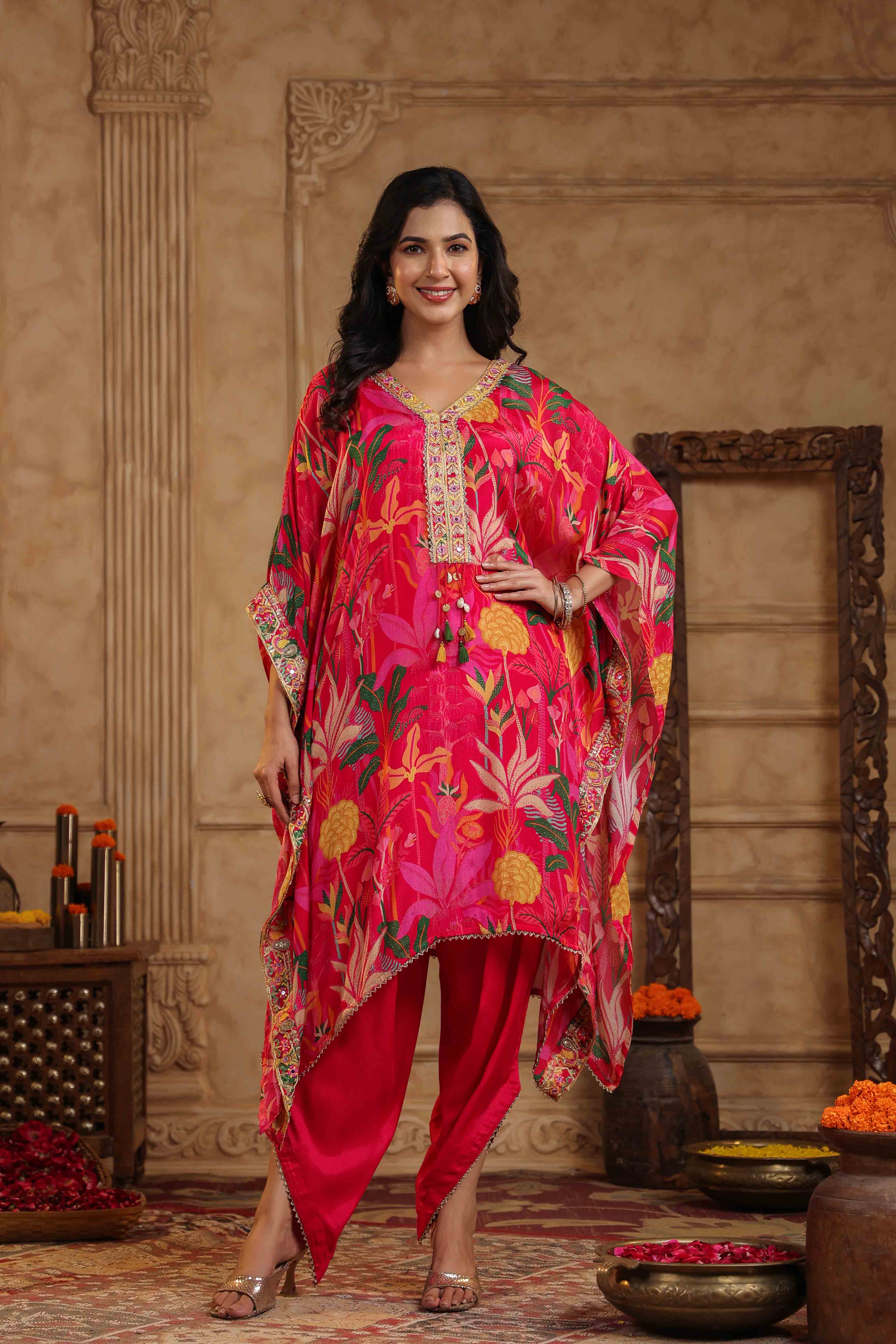 Pink Chinon Floral Kaftan Set With Potli Bag