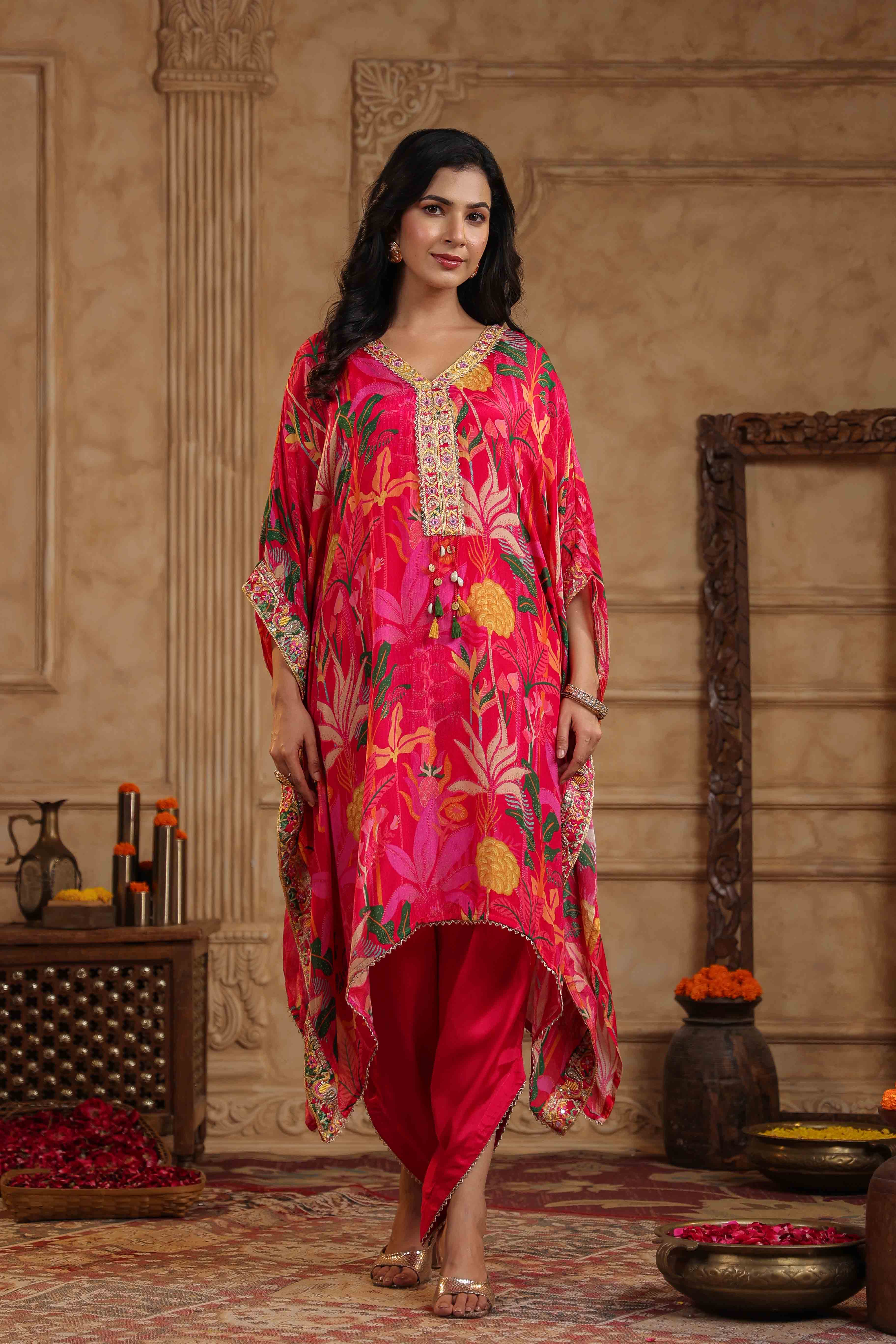 Pink Chinon Floral Kaftan Set With Potli Bag