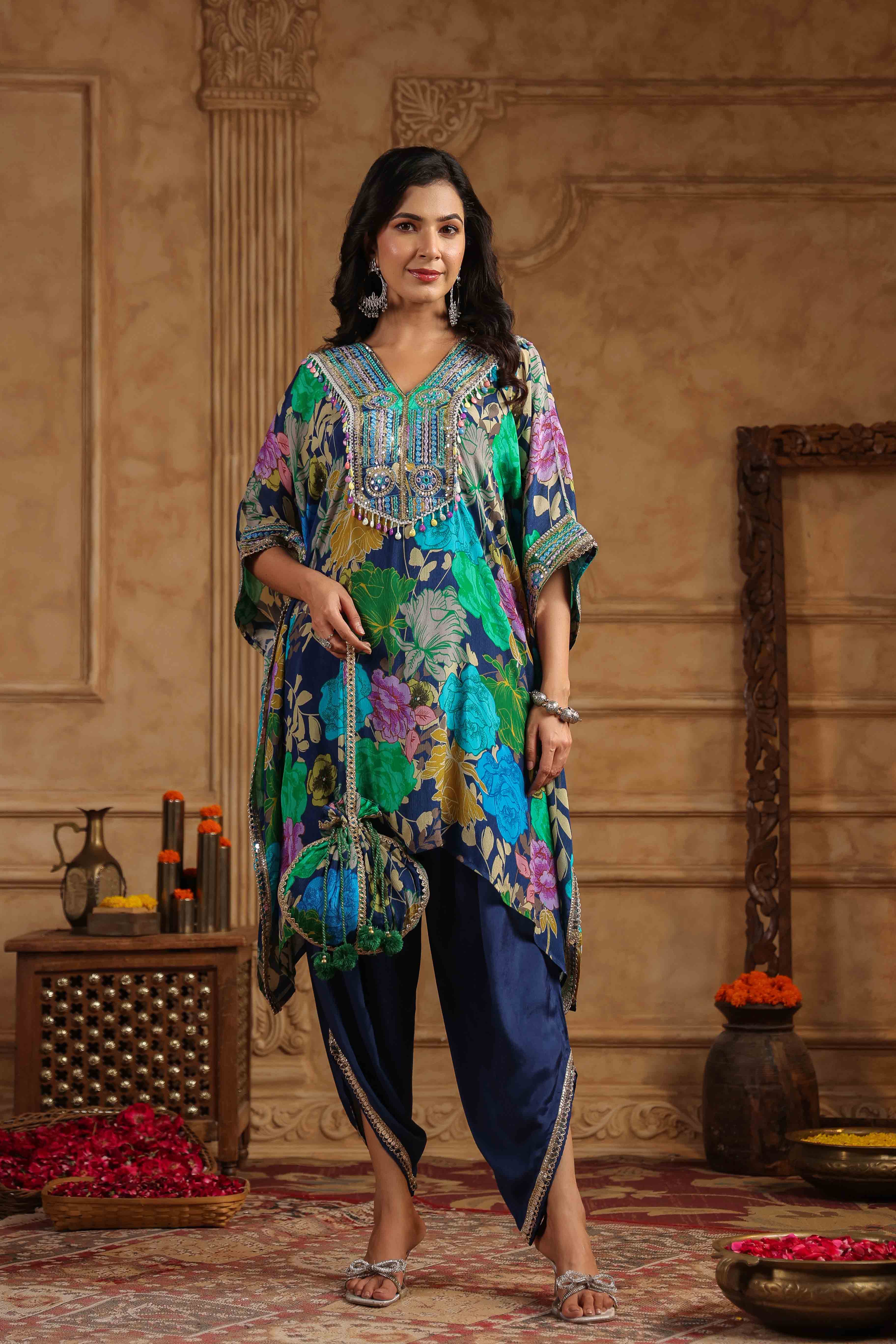 Blue Chinon Embroidered Kaftan Set With Potli Bag