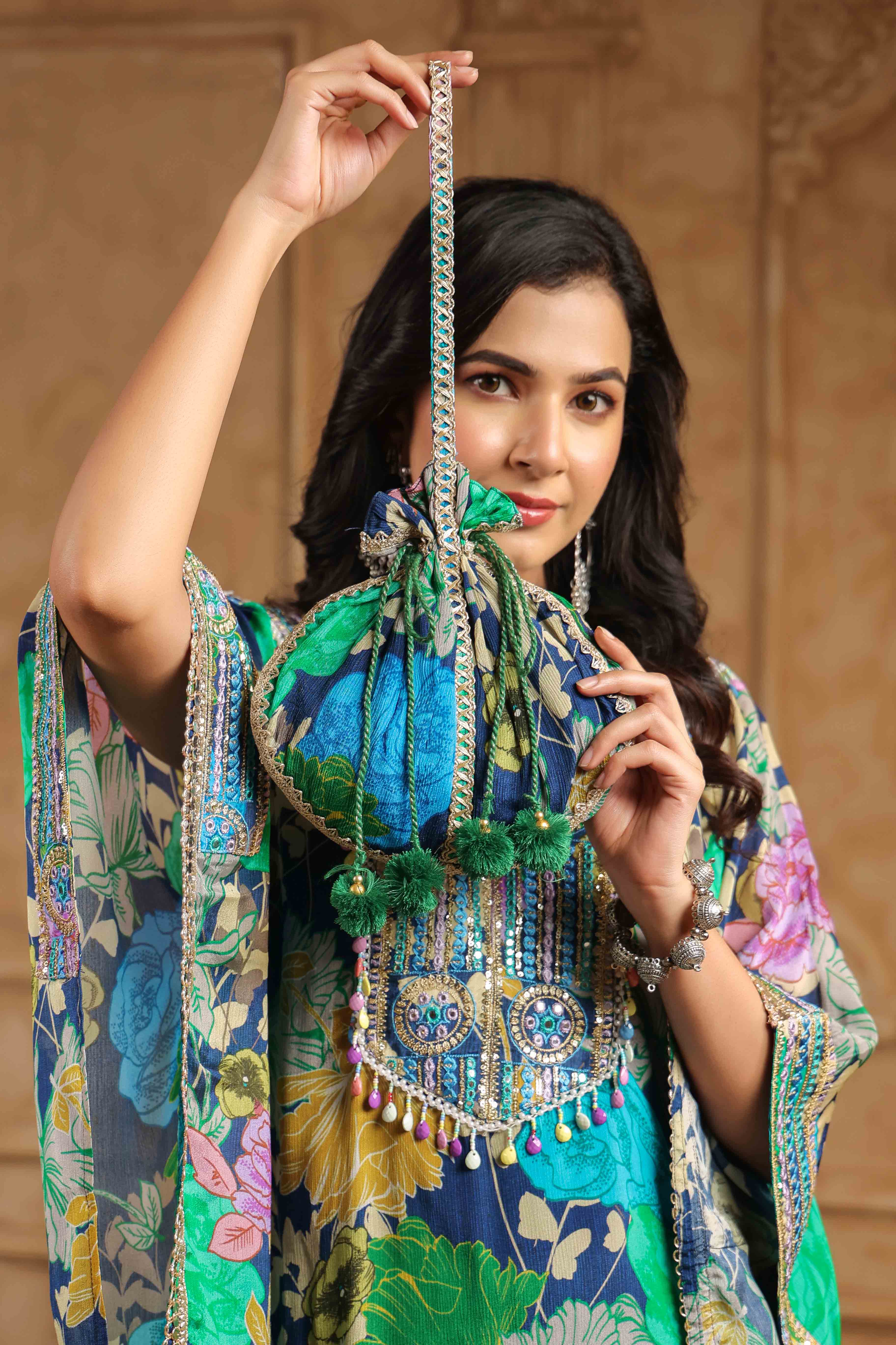 Blue Chinon Embroidered Kaftan Set With Potli Bag