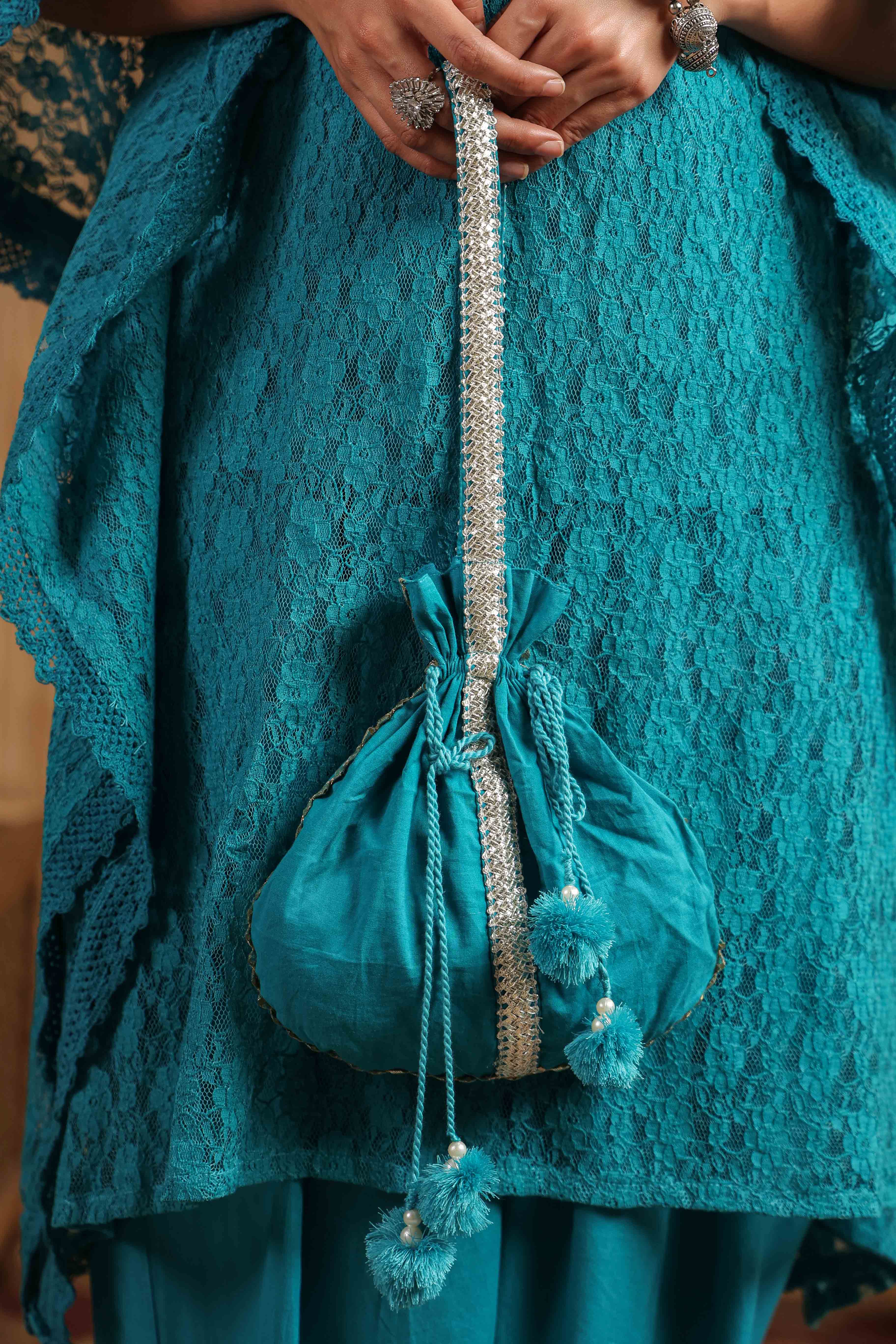 Blue Schiffli Net Kaftan Set With Potli Bag