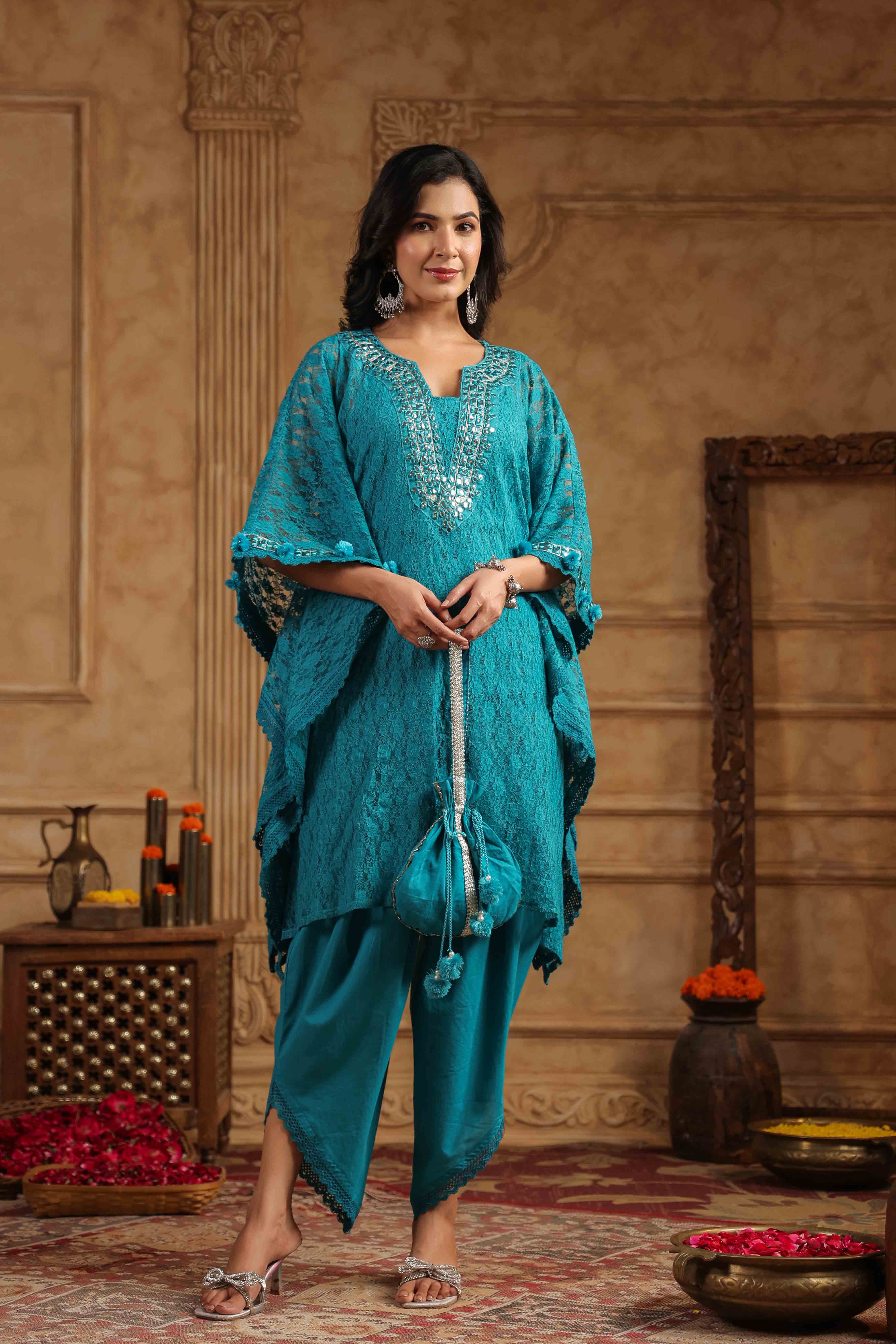 Blue Schiffli Net Kaftan Set With Potli Bag
