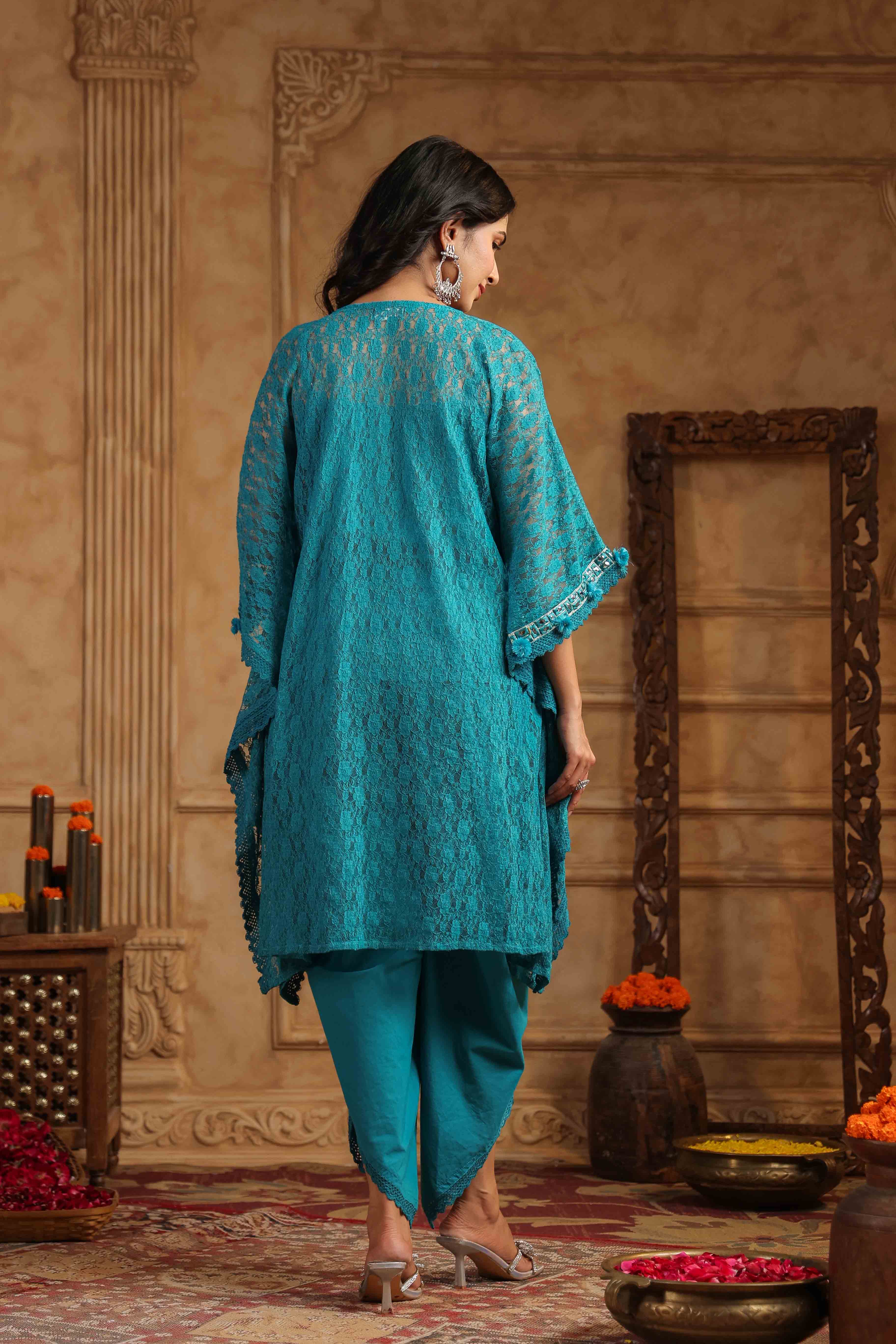 Blue Schiffli Net Kaftan Set With Potli Bag