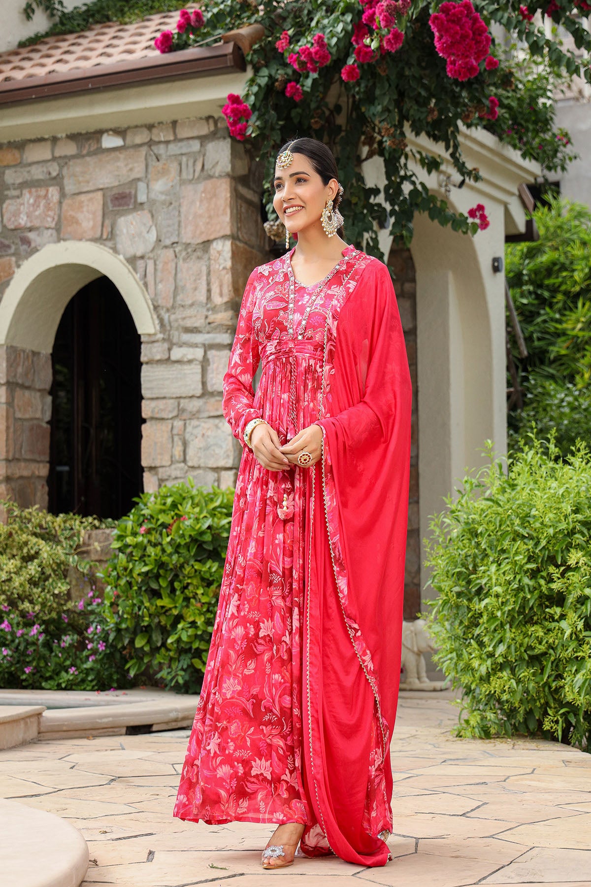 Pink Viscose Crepe Handwork Gown Set