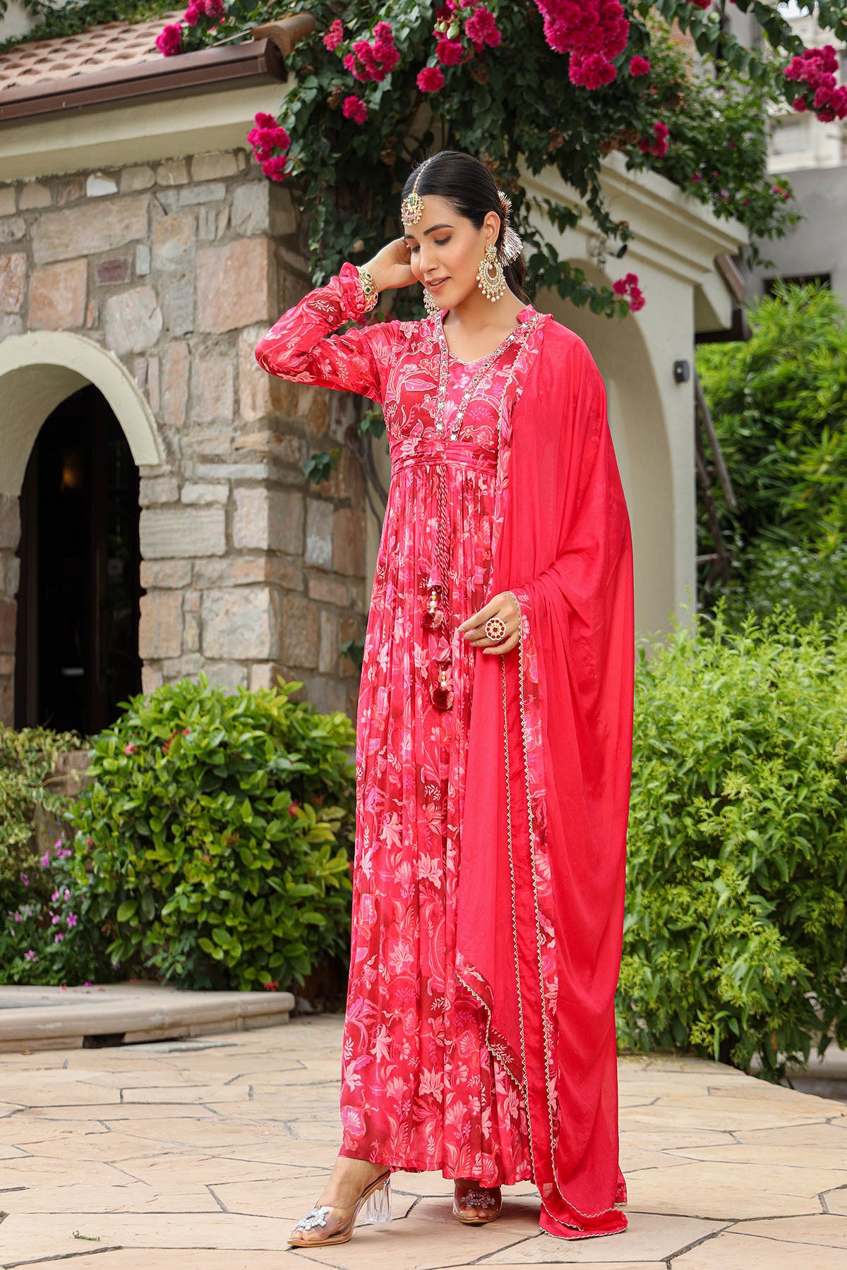 Pink Viscose Crepe Handwork Gown Set
