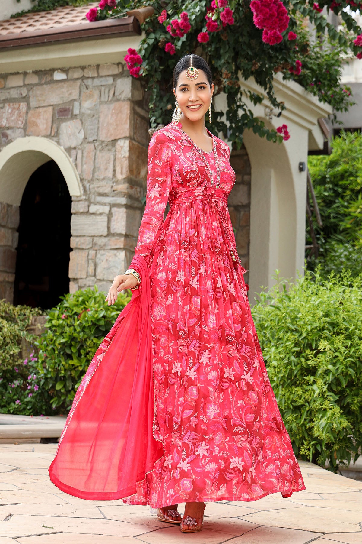 Pink Viscose Crepe Handwork Gown Set